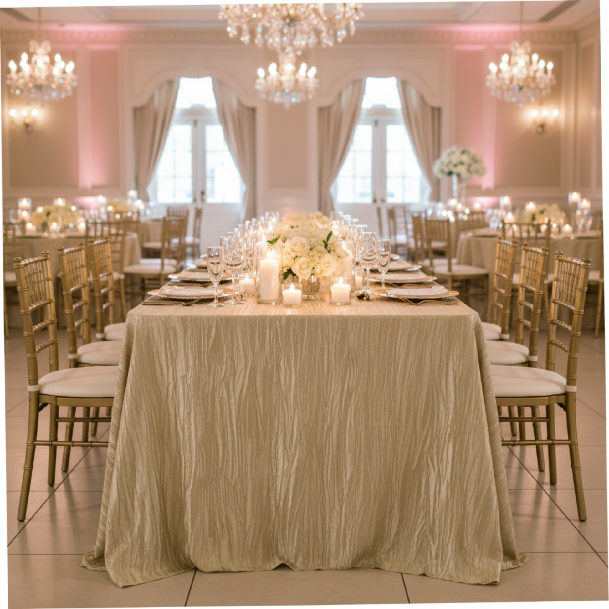 Indoor Ballroom Reception – Champagne Accordion Crinkle Taffeta 90x156 Rectangular Tablecloth 