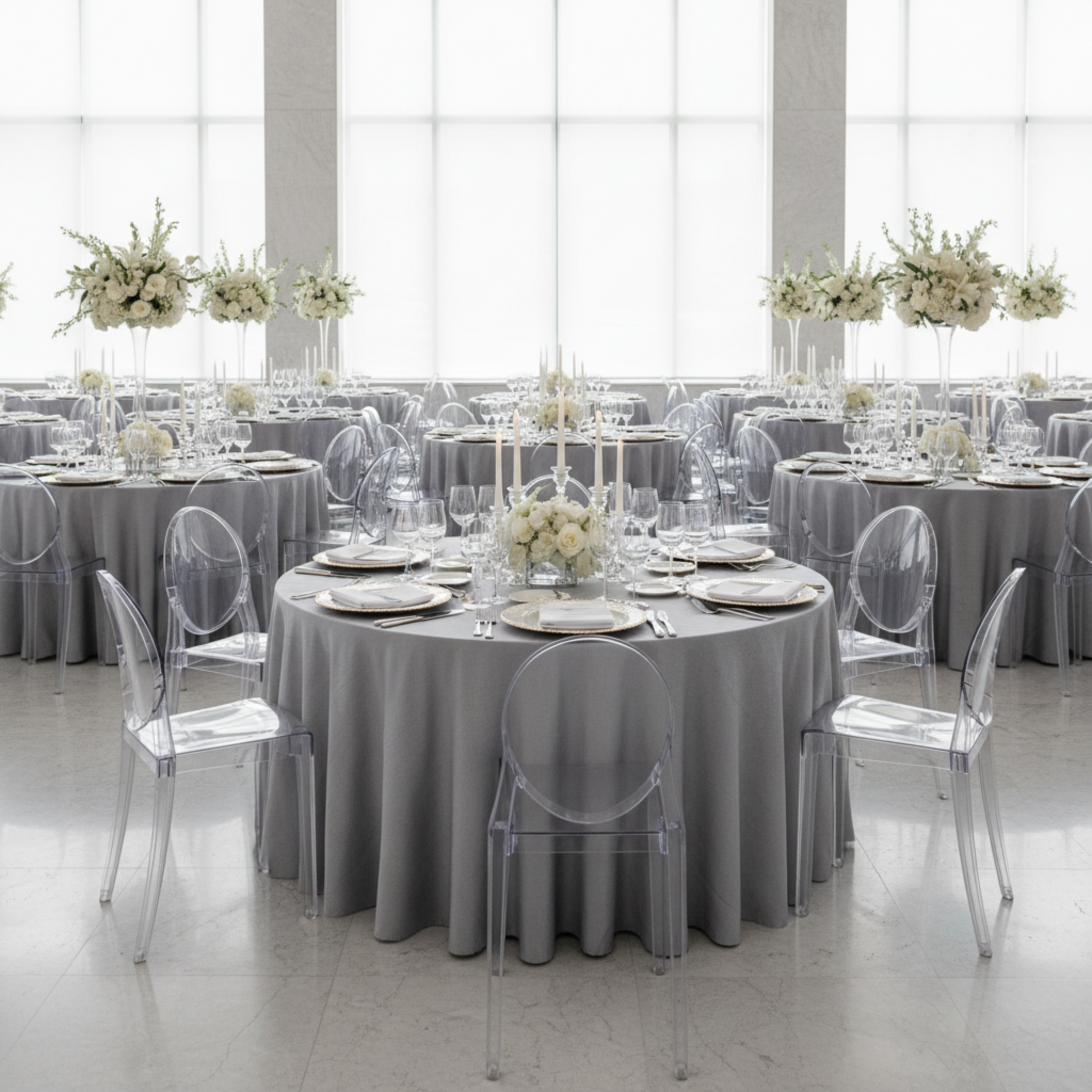 Indoor Reception Hall – Silver Taffeta Tablecloth