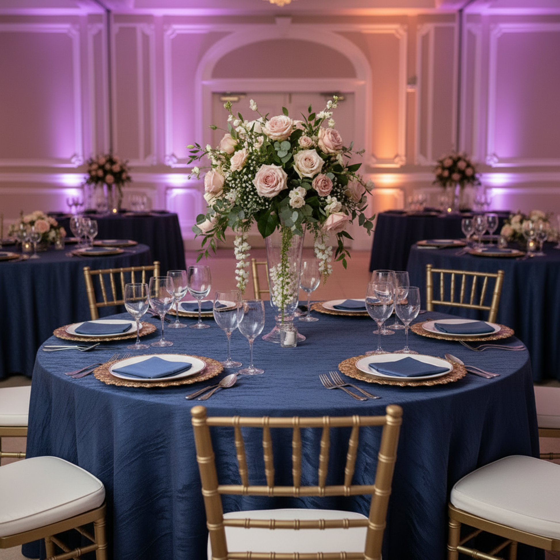 Indoor Reception Crushed Taffeta 120 Round Tablecloth Navy Blue