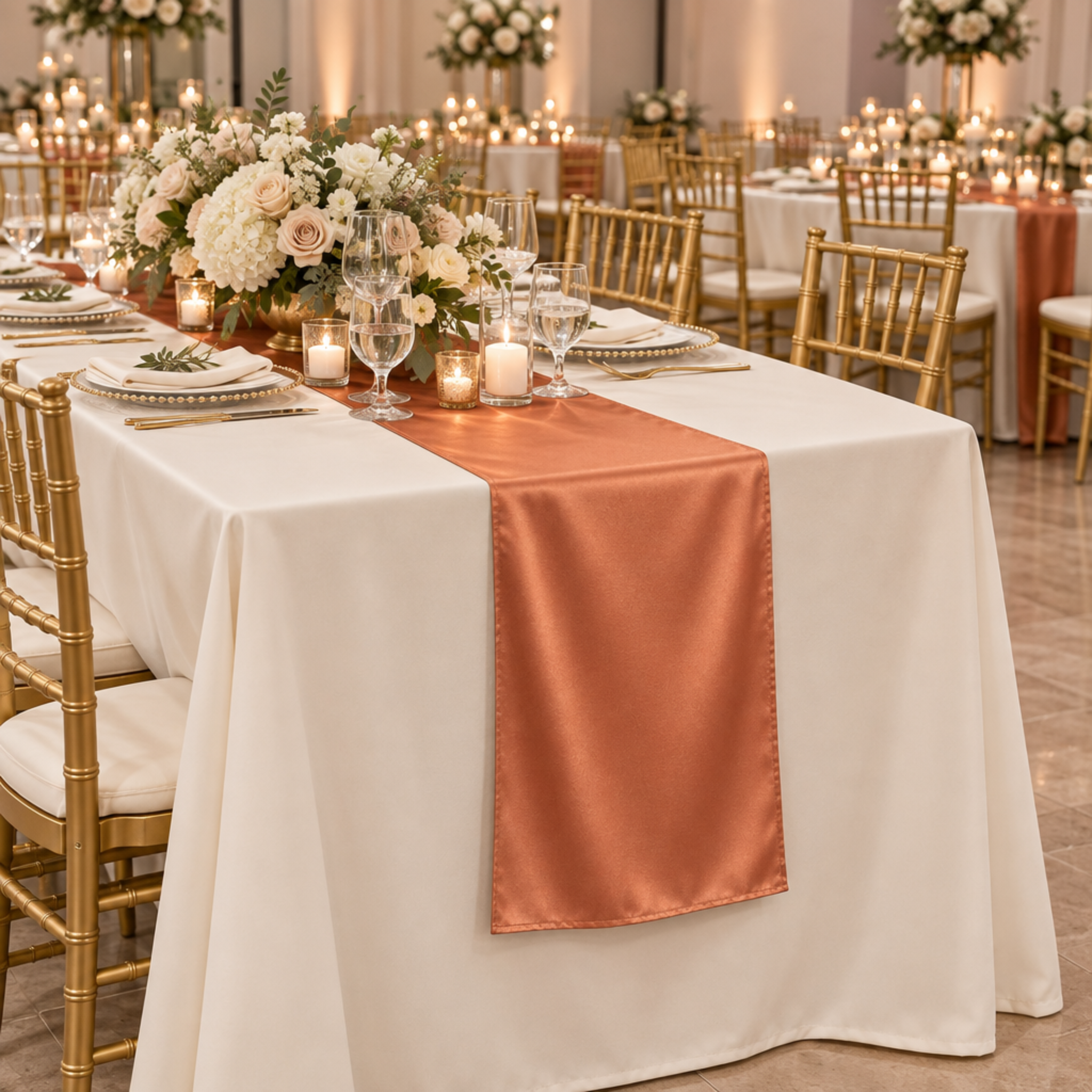 Indoor reception with terracotta satin runner