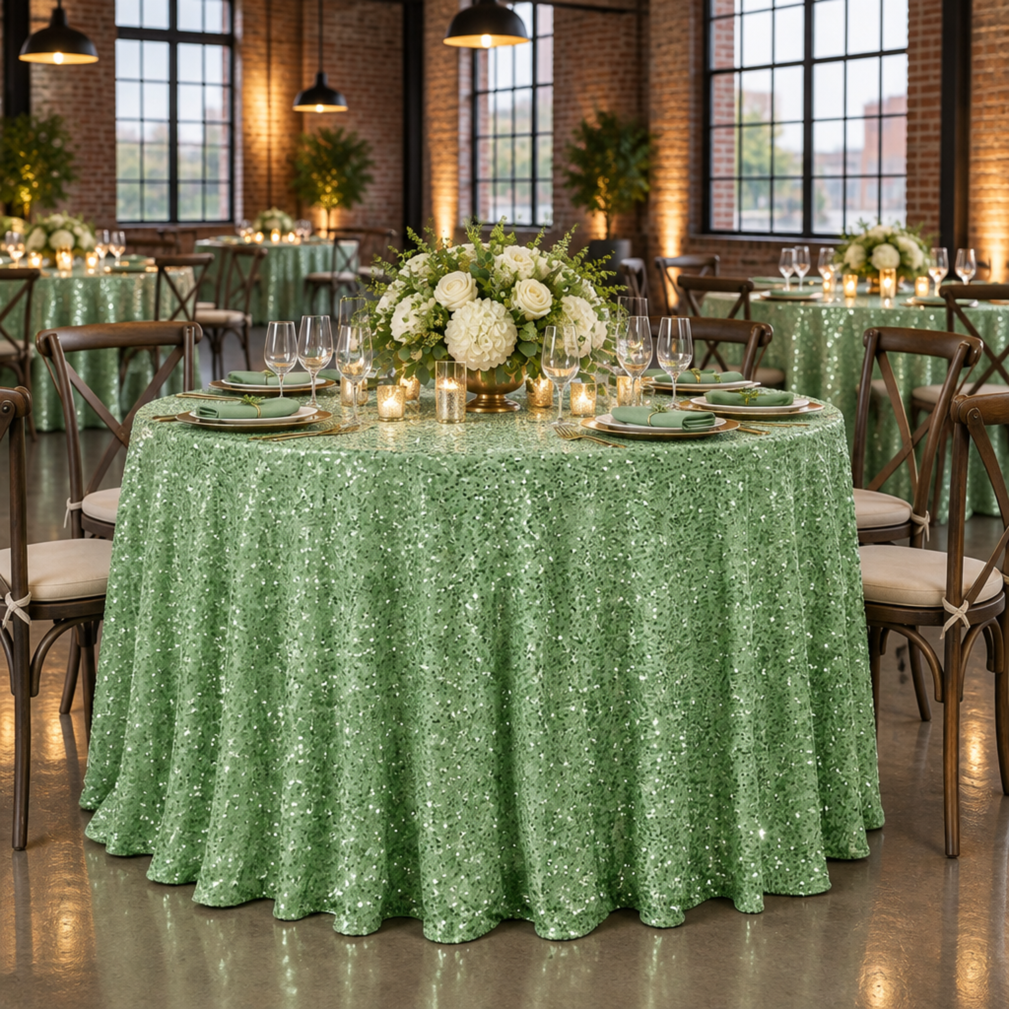 Sage tablecloth at an industrial loft reception