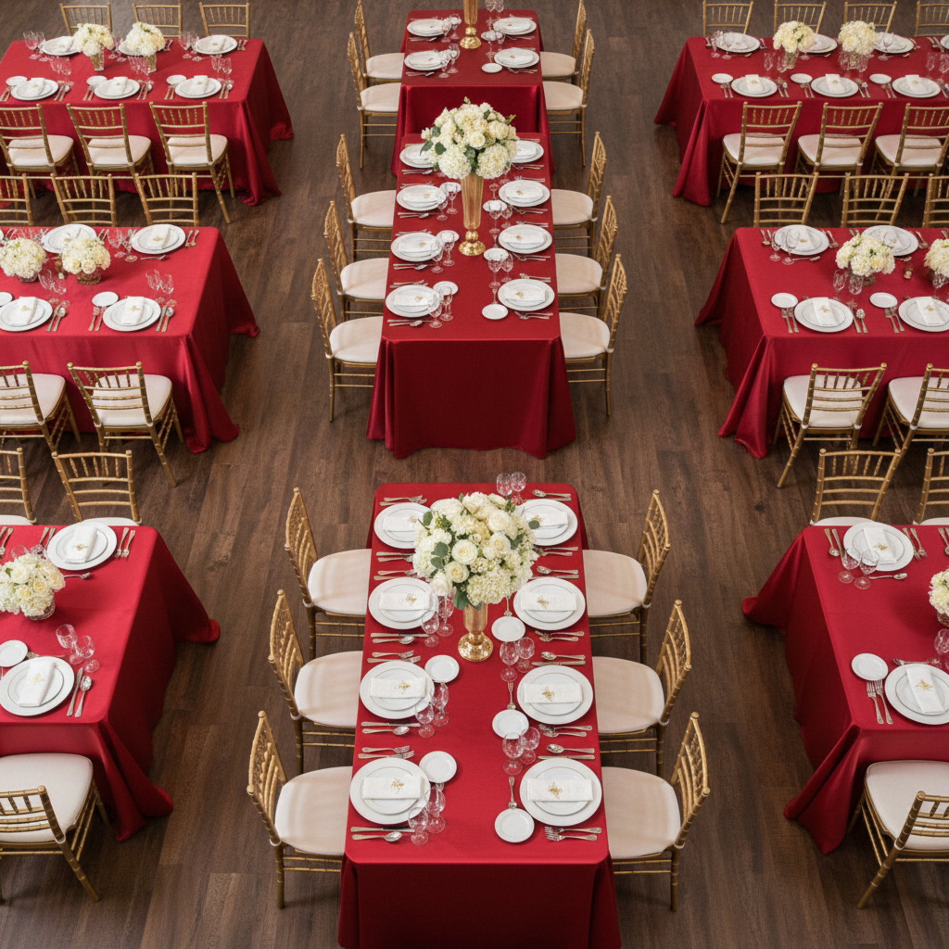 Indoor Wedding Top View – Apple Red Satin Tablecloth