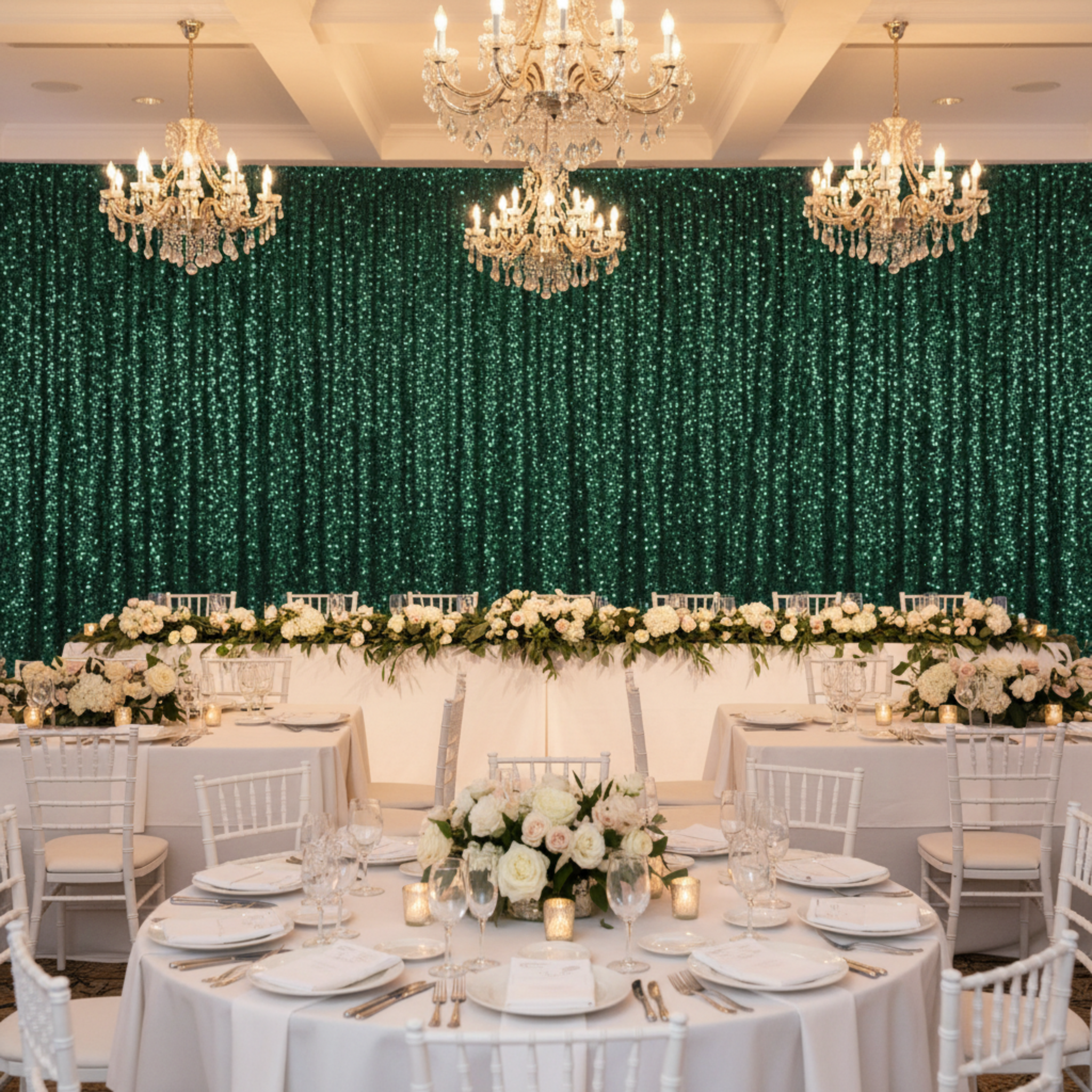 Indoor Wedding Backdrop with Emerald Green Sequin Curtain Drape