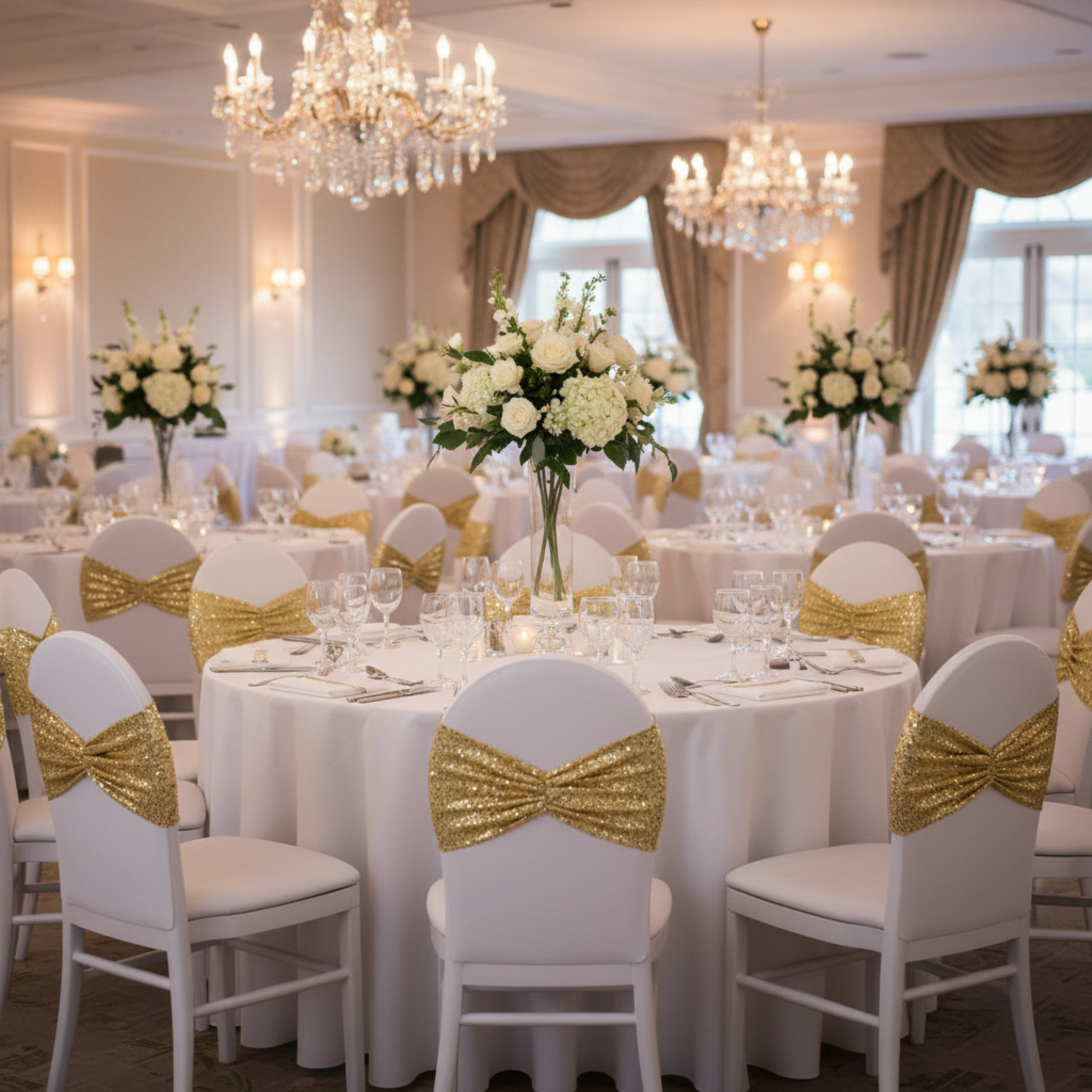 Indoor Wedding Ballroom Banquet Chair Gold Sequin Band