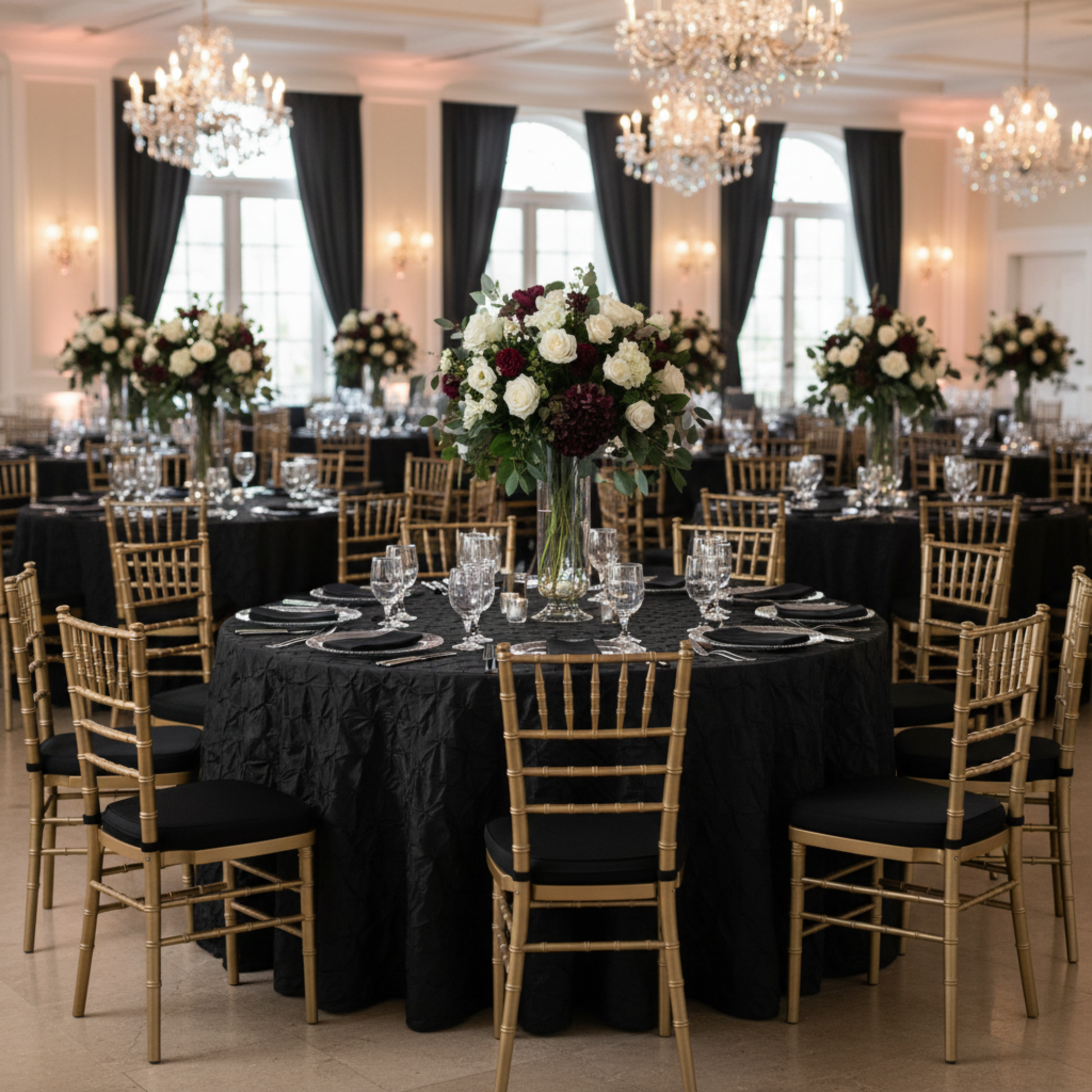 Indoor Wedding Ballroom Black Pinchwheel 120 Round Tablecloth 
