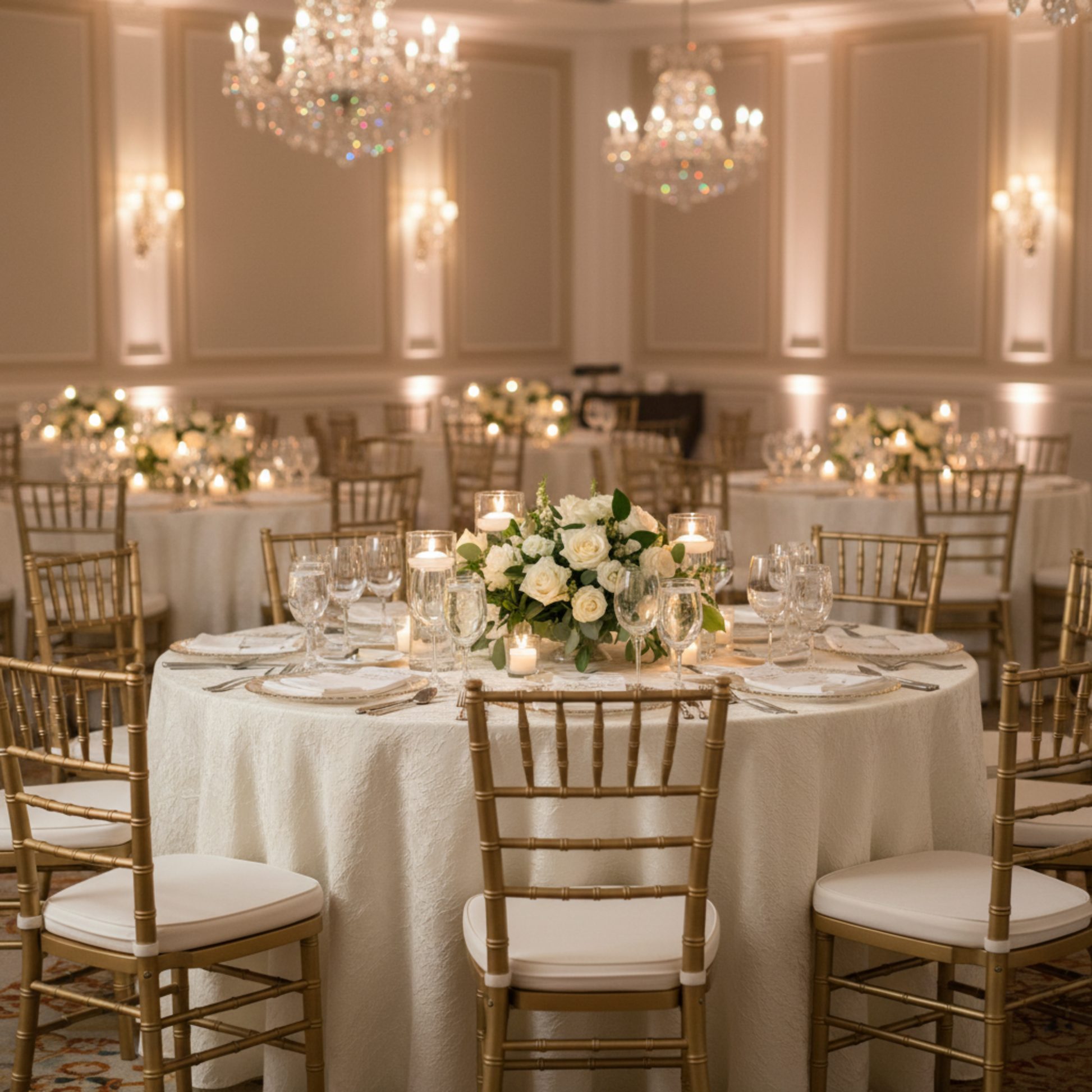 Indoor Wedding Ballroom Ivory Crushed Taffeta 132 Round Tablecloth 