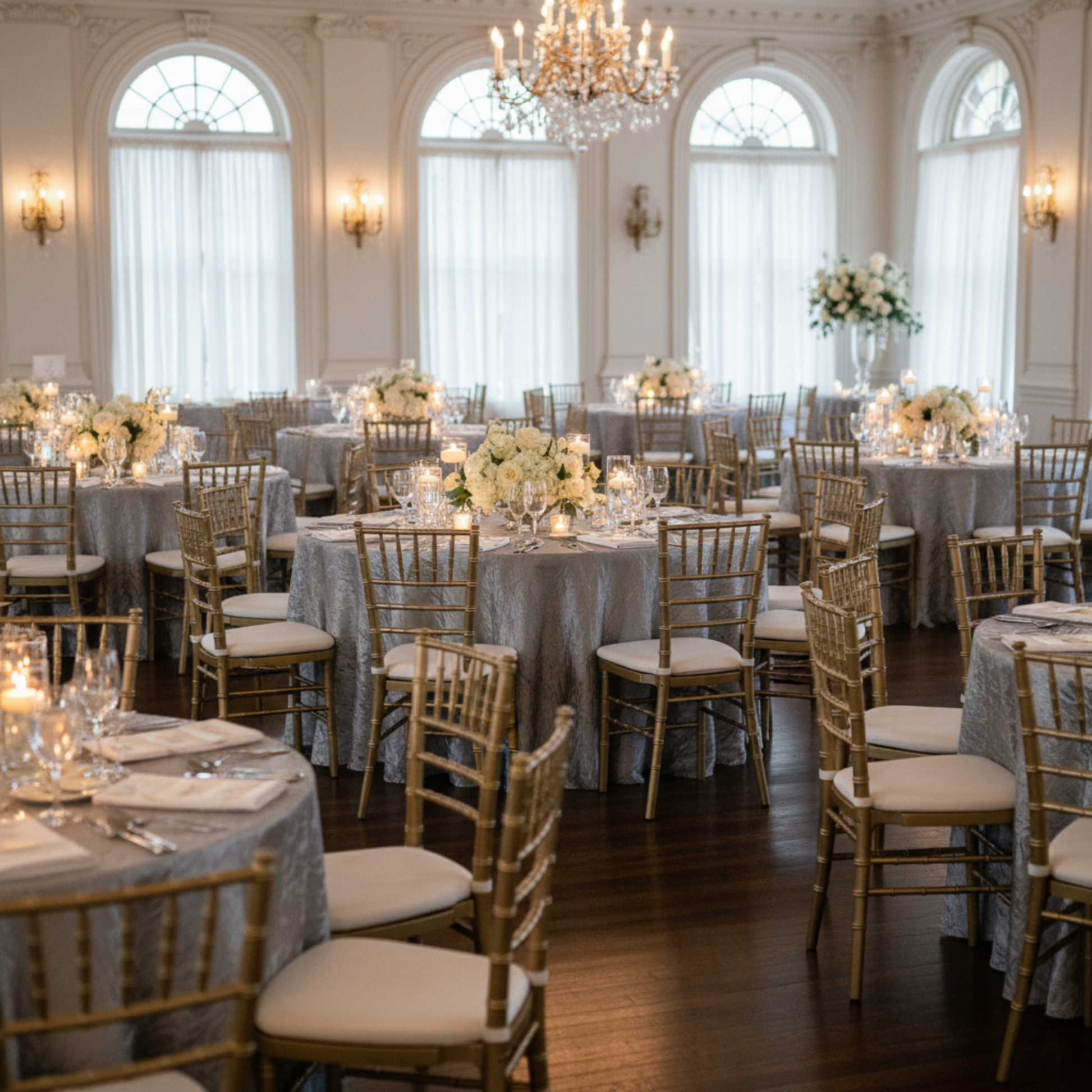 Indoor Wedding Ballroom Silver Crushed Taffeta 120" Round Tablecloth