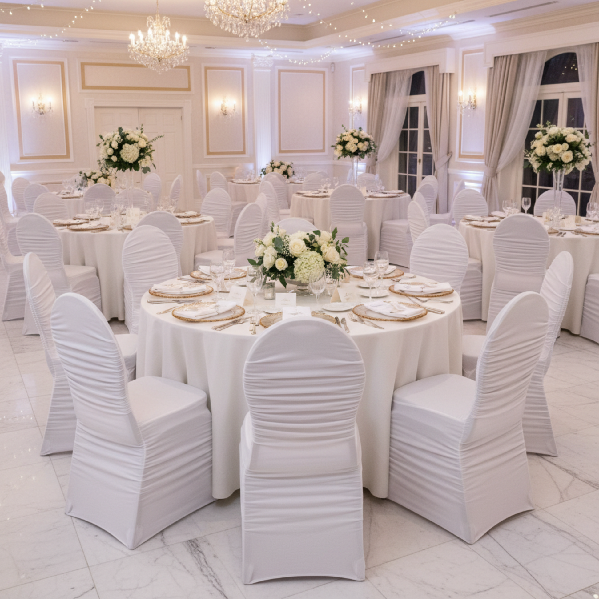 Indoor Wedding Reception with Banquet Spandex White Ruched Chair Cover