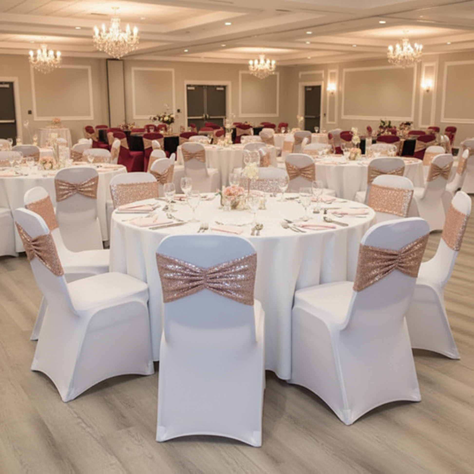 Indoor wedding reception with blush rose gold spandex ruffled sequins chair band