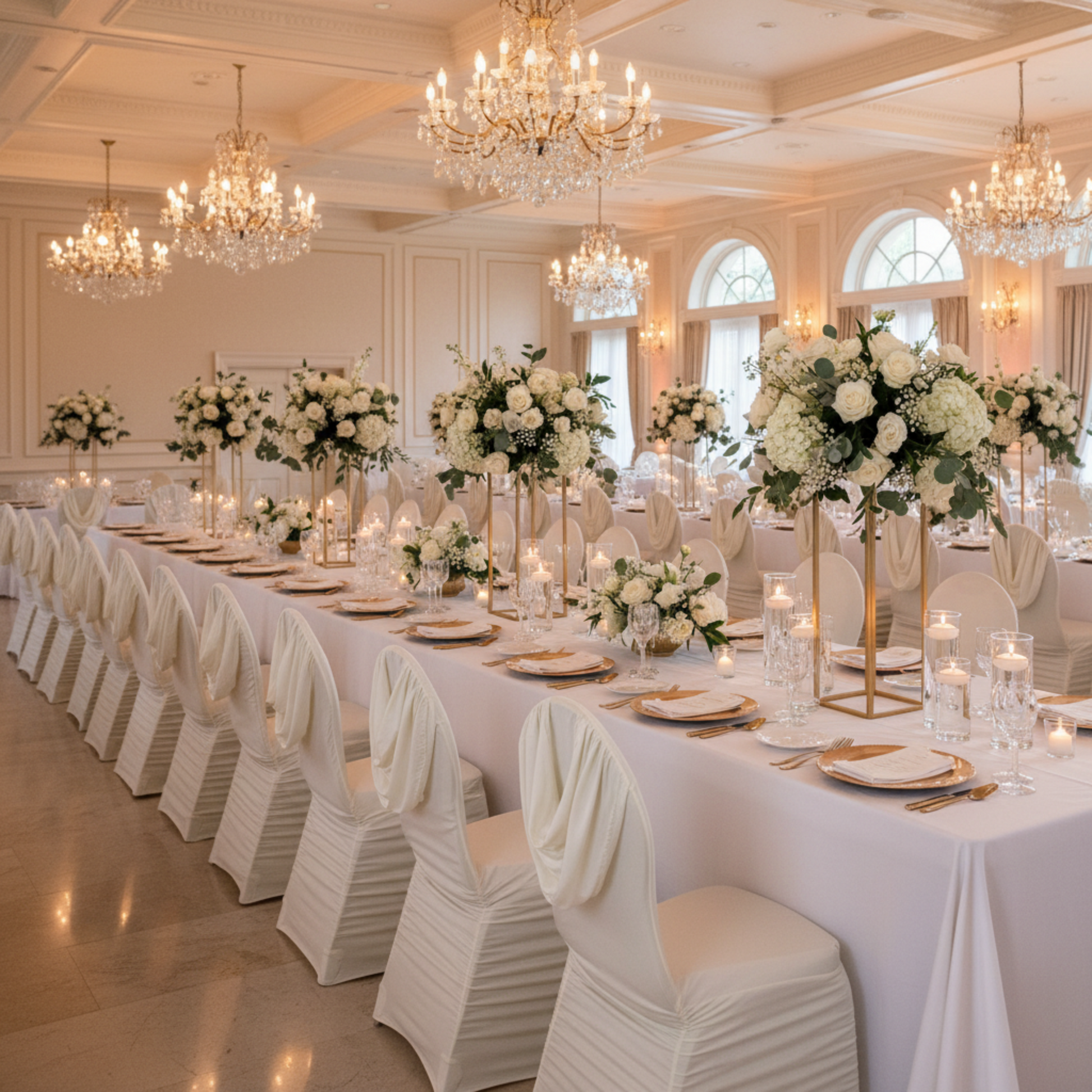 Indoor wedding reception banquet hall with ivory swag back ruched banquet chair cover