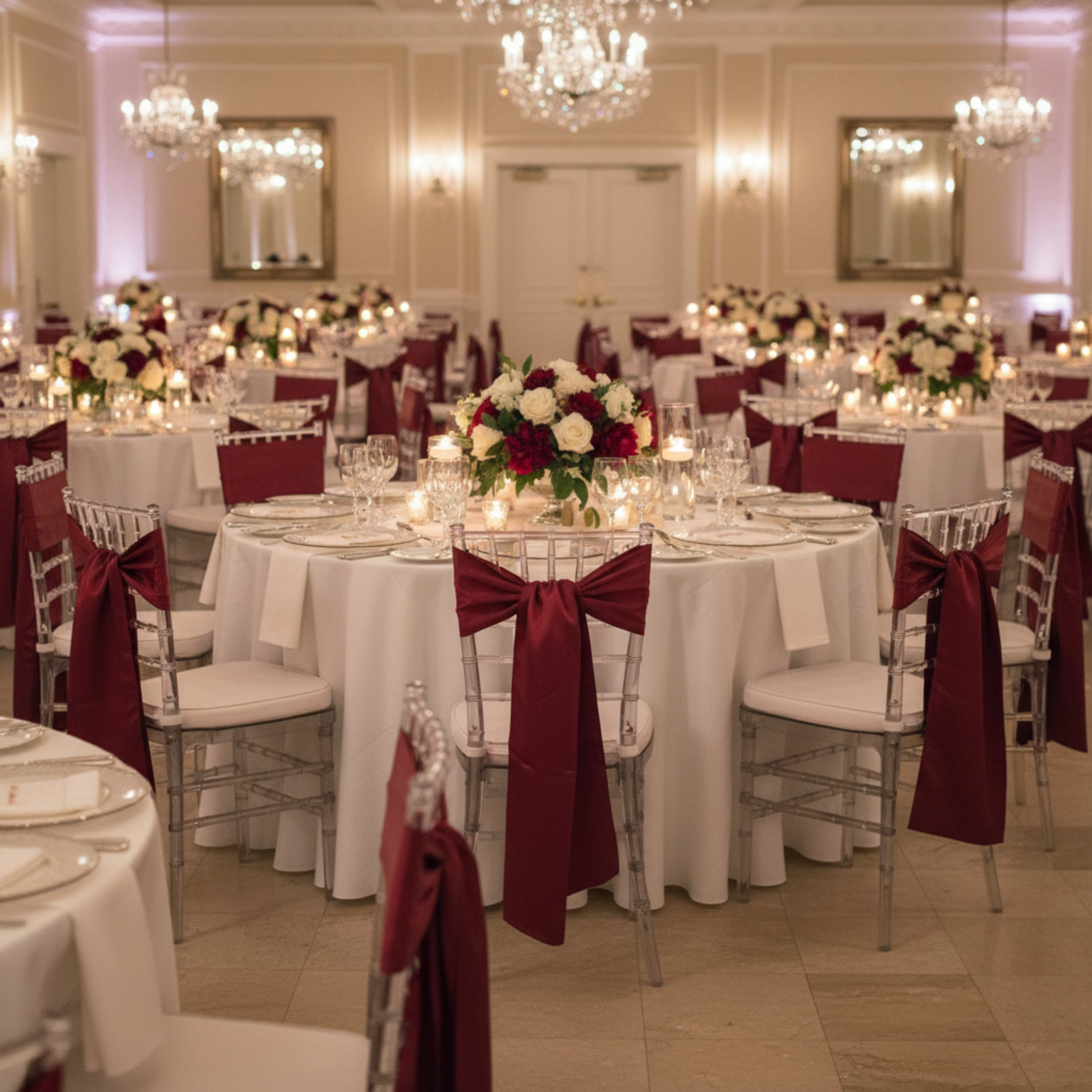 Indoor Wedding Lifestyle Burgundy Wide Satin Chair Sash 