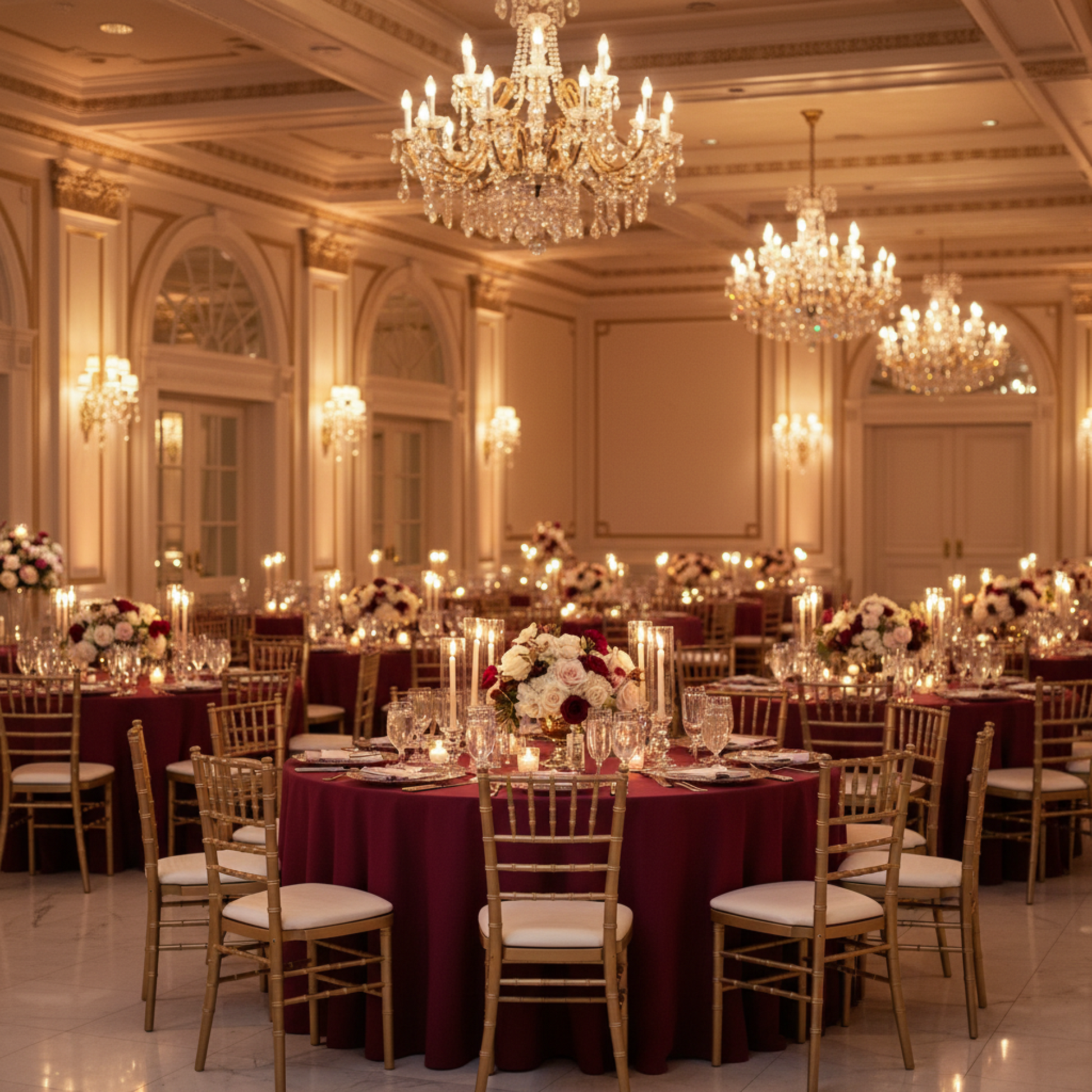 Indoor Wedding Reception- Burgundy 120 Round Premium Polyester Tablecloth 