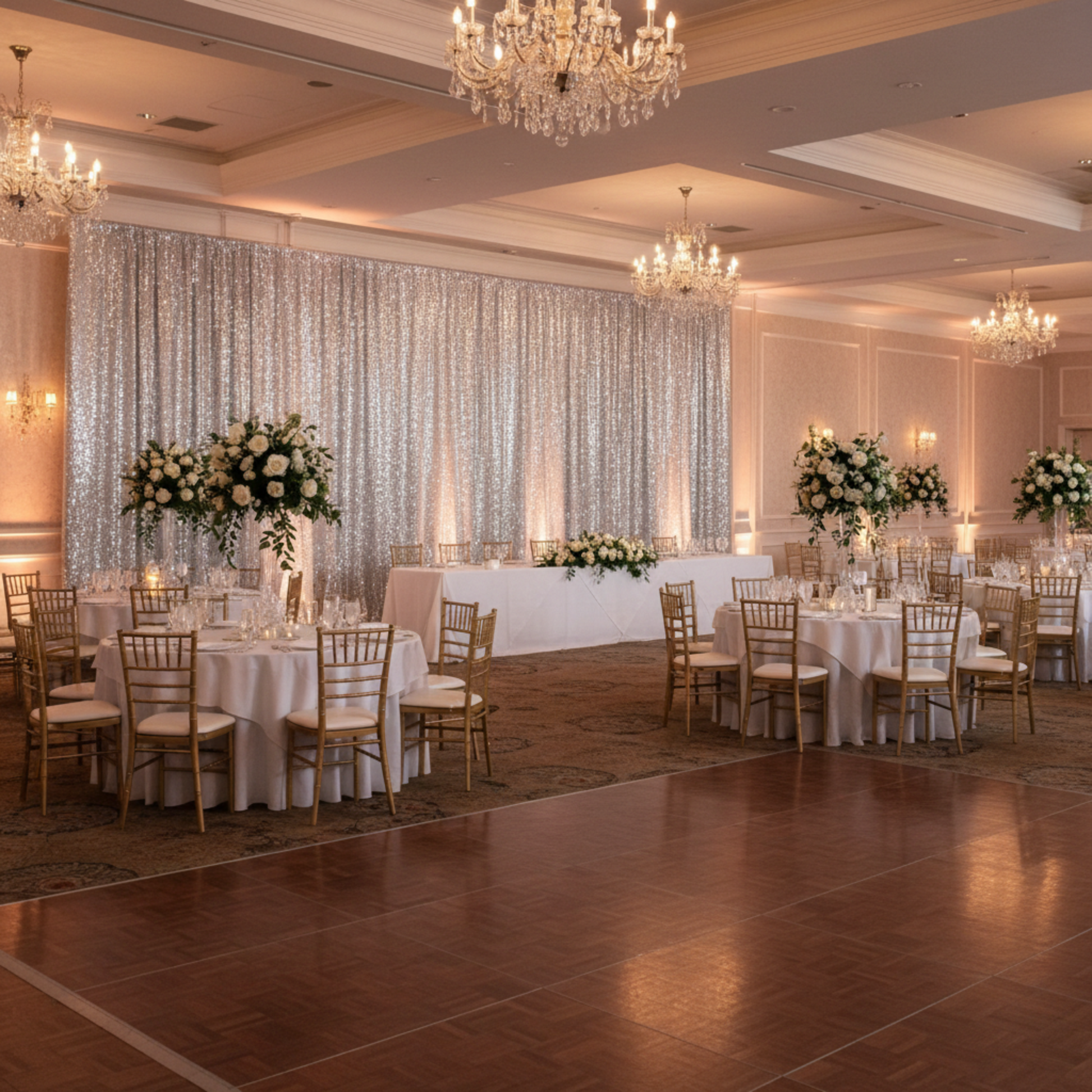 Indoor Wedding Reception with 12ft Silver Sequin Backdrop