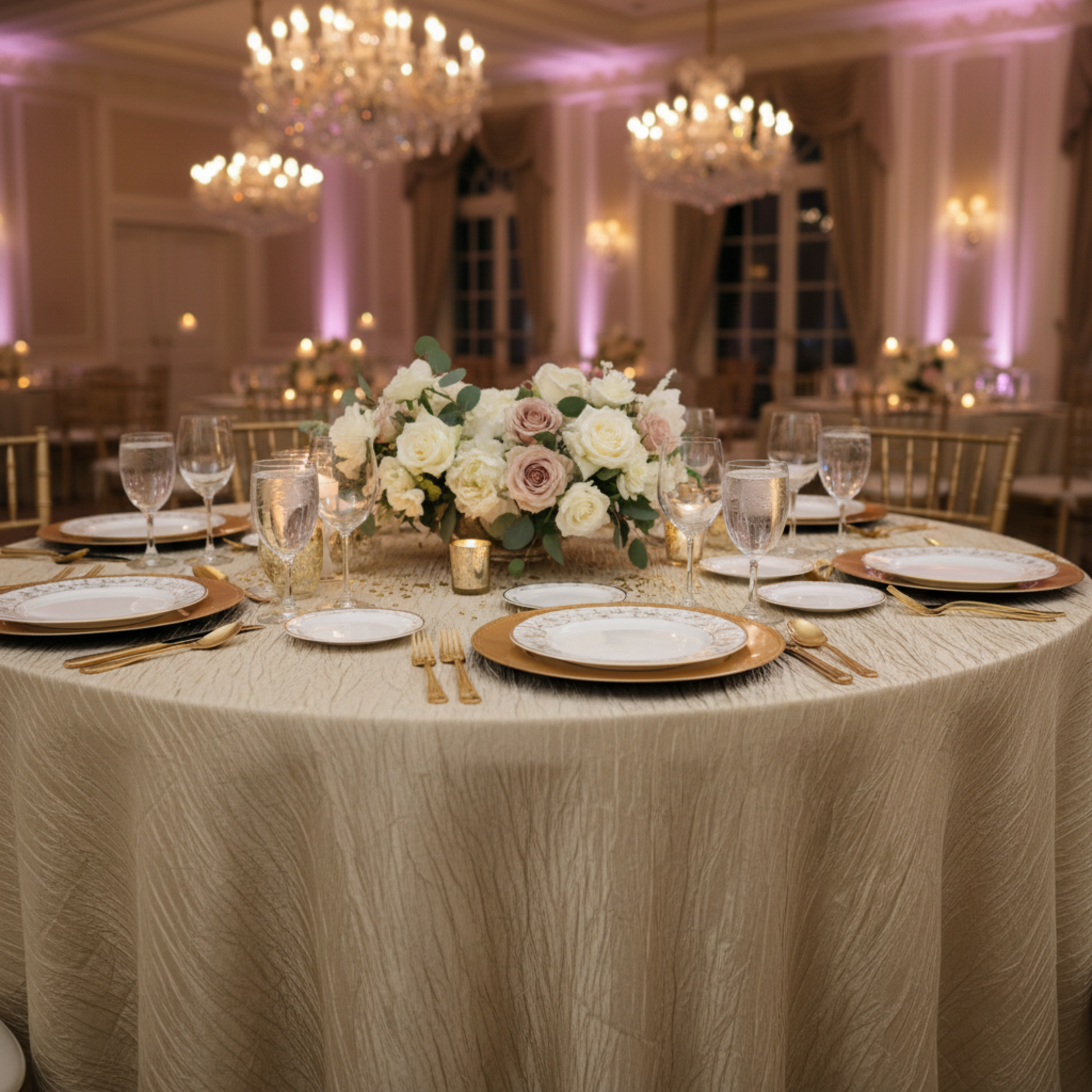 Indoor Wedding Reception with 132 Round Accordion Crinkle Taffeta Champagne Tablecloth