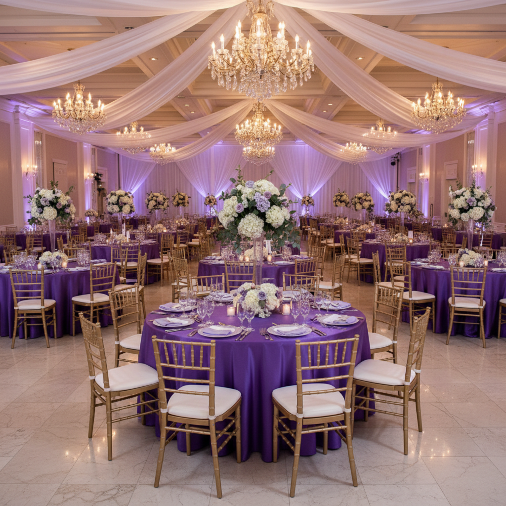 Indoor Wedding Reception - 132 Round  Purple Satin Tablecloths