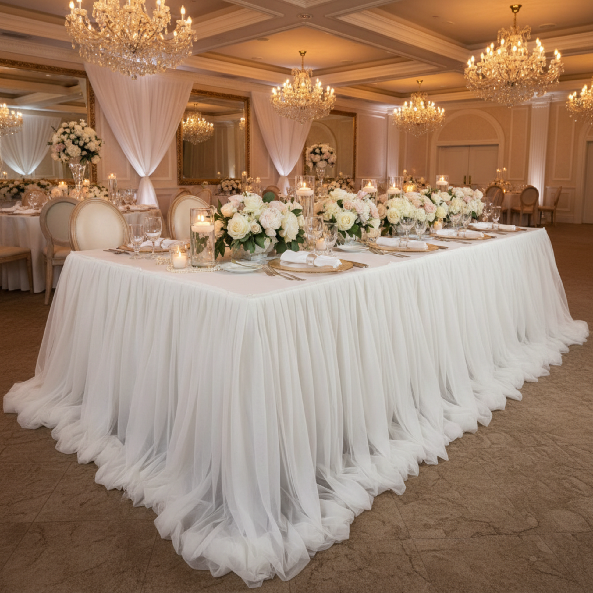 Indoor Wedding Reception with 17FT White Chiffon Tulle Table Skirt on 6ft Rectangular Table
