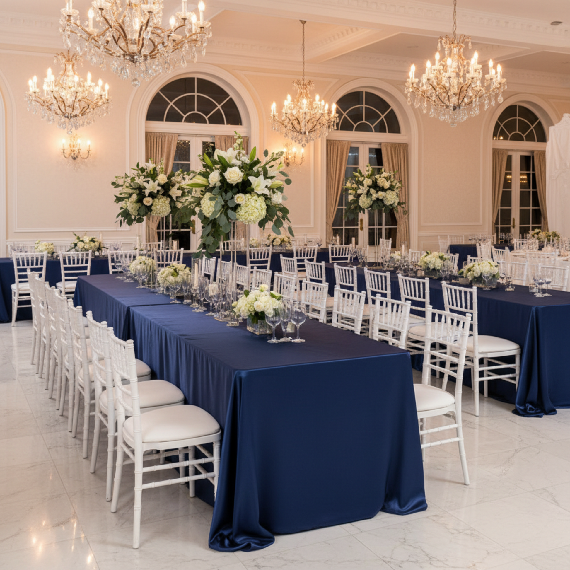 Indoor Wedding Reception Navy Blue 90x132 Rectangular Satin Tablecloth