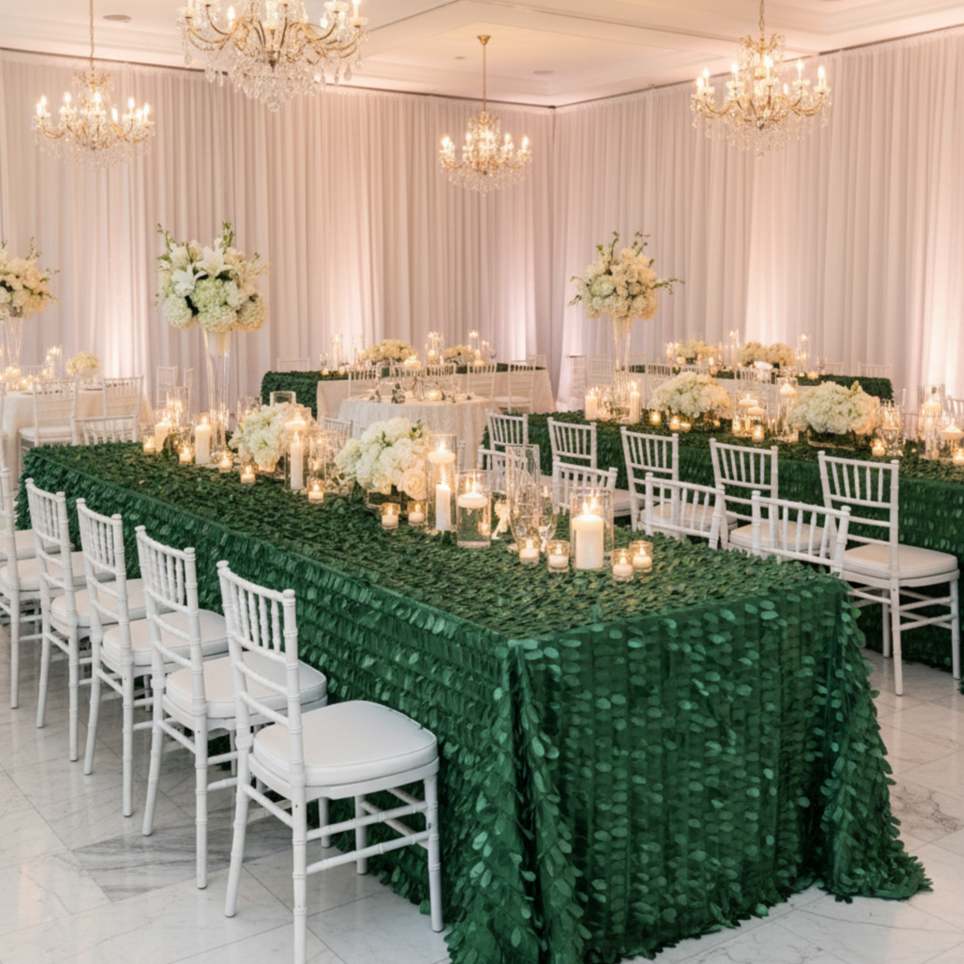 Indoor Wedding Reception – Emerald Green Leaf Petal Taffeta 8ft Tablecloth 