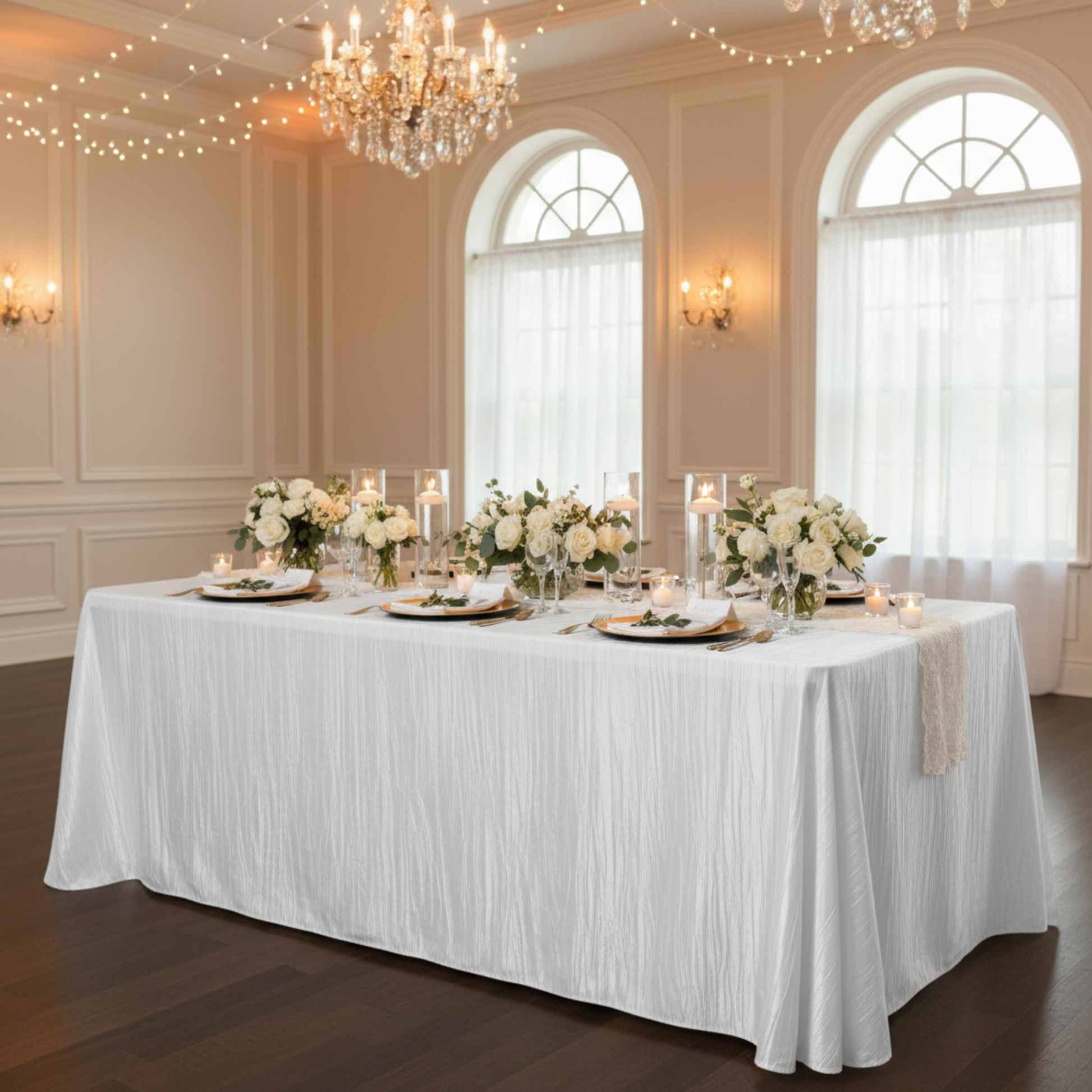 Indoor wedding reception with 90x132 Accordion Crinkle Rectangular Tablecloth