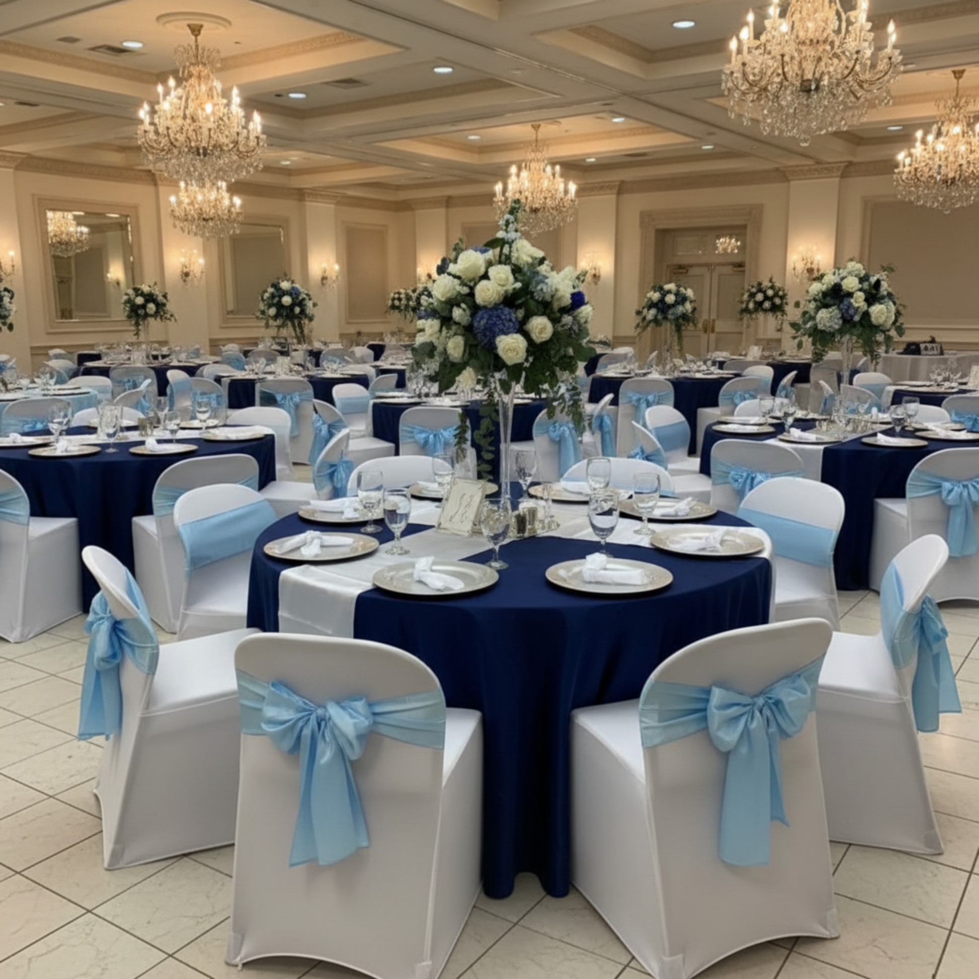 Indoor Wedding Reception Baby Blue Satin Chair Sash