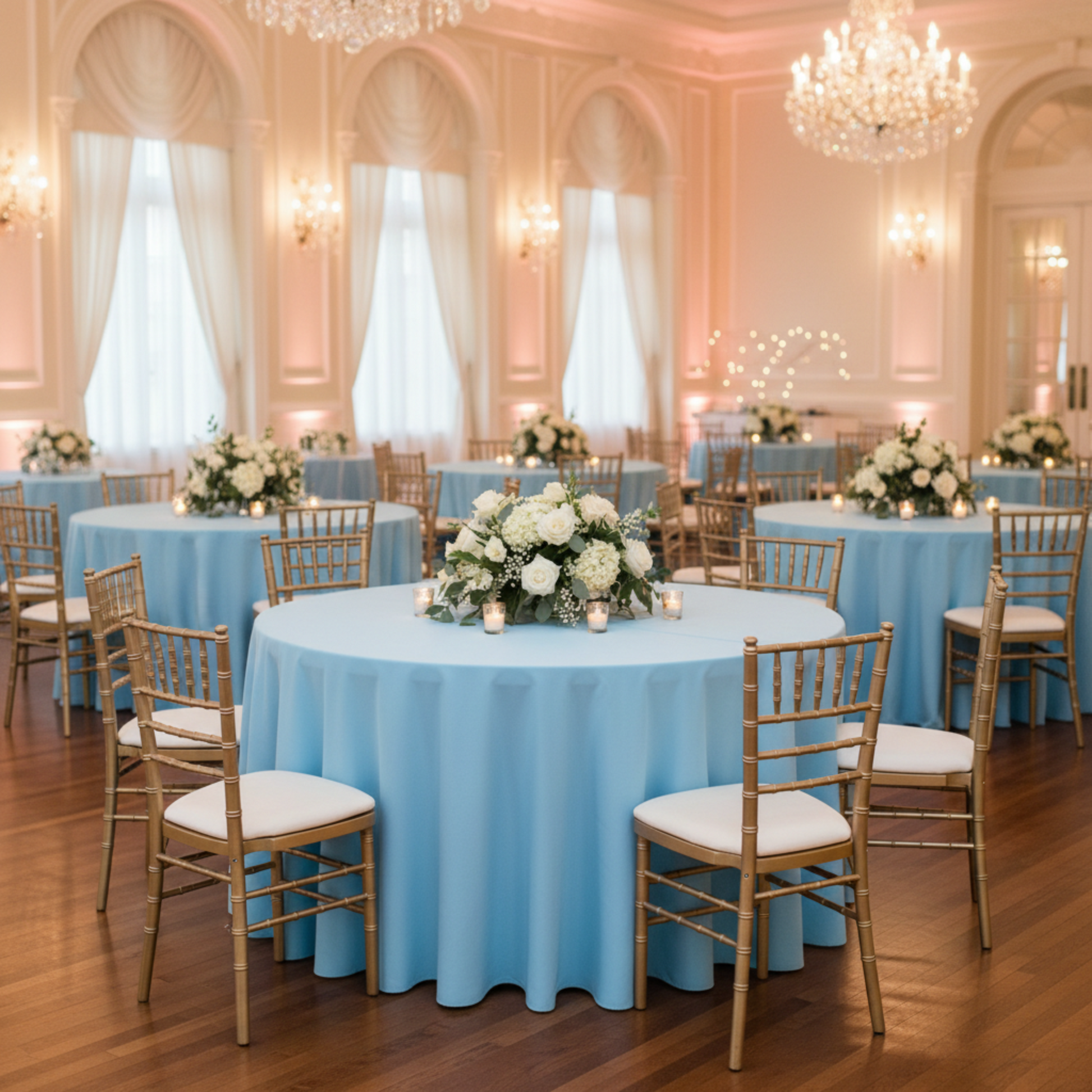 Indoor Wedding Reception – Baby Blue 120 Round Scuba Tablecloth