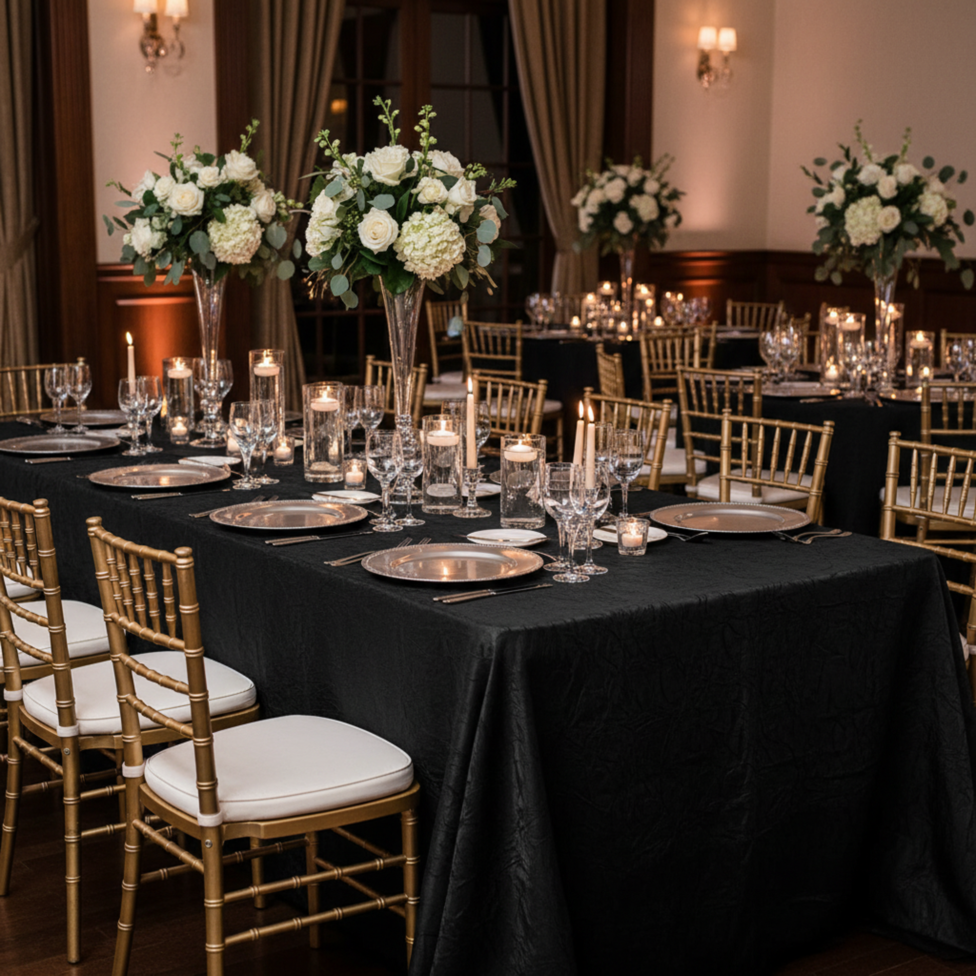 Indoor Wedding Reception Black Crushed Taffeta 90" x 156" Rectangular Tablecloth 