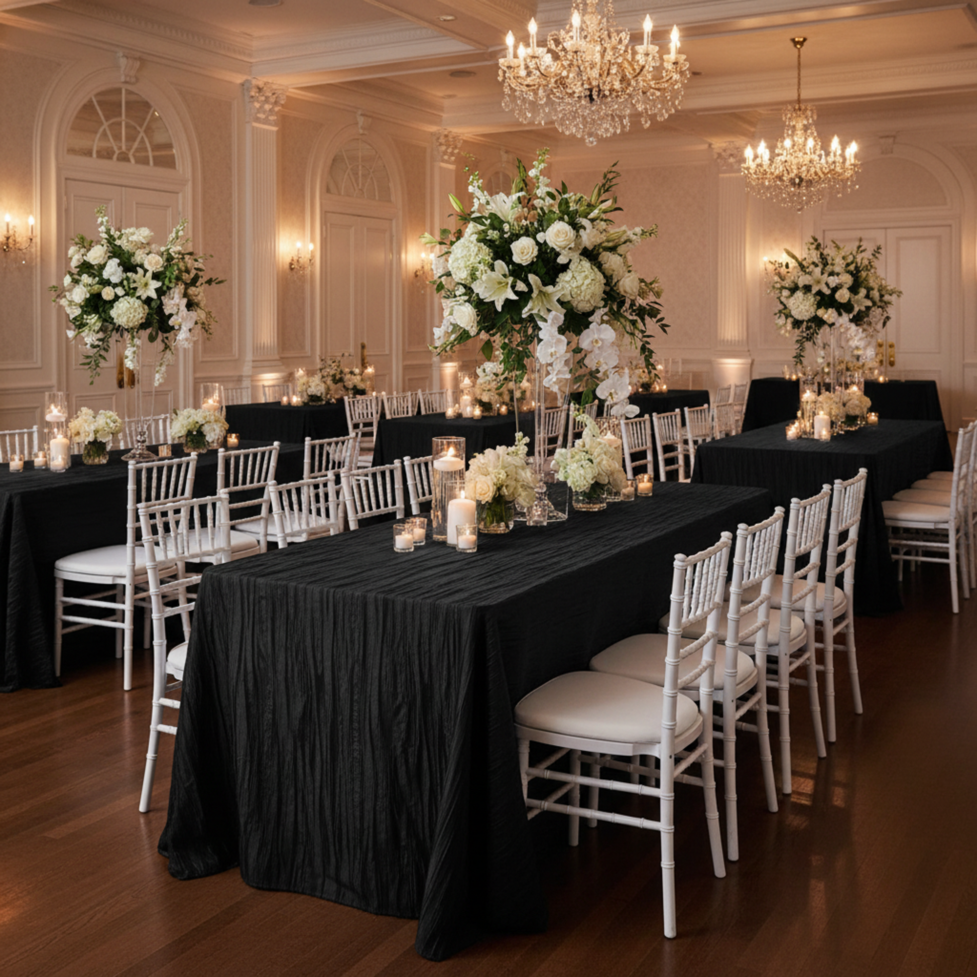 Indoor Wedding Reception - Black Accordion Crinkle Taffeta 90x132 Rectangular Tablecloth