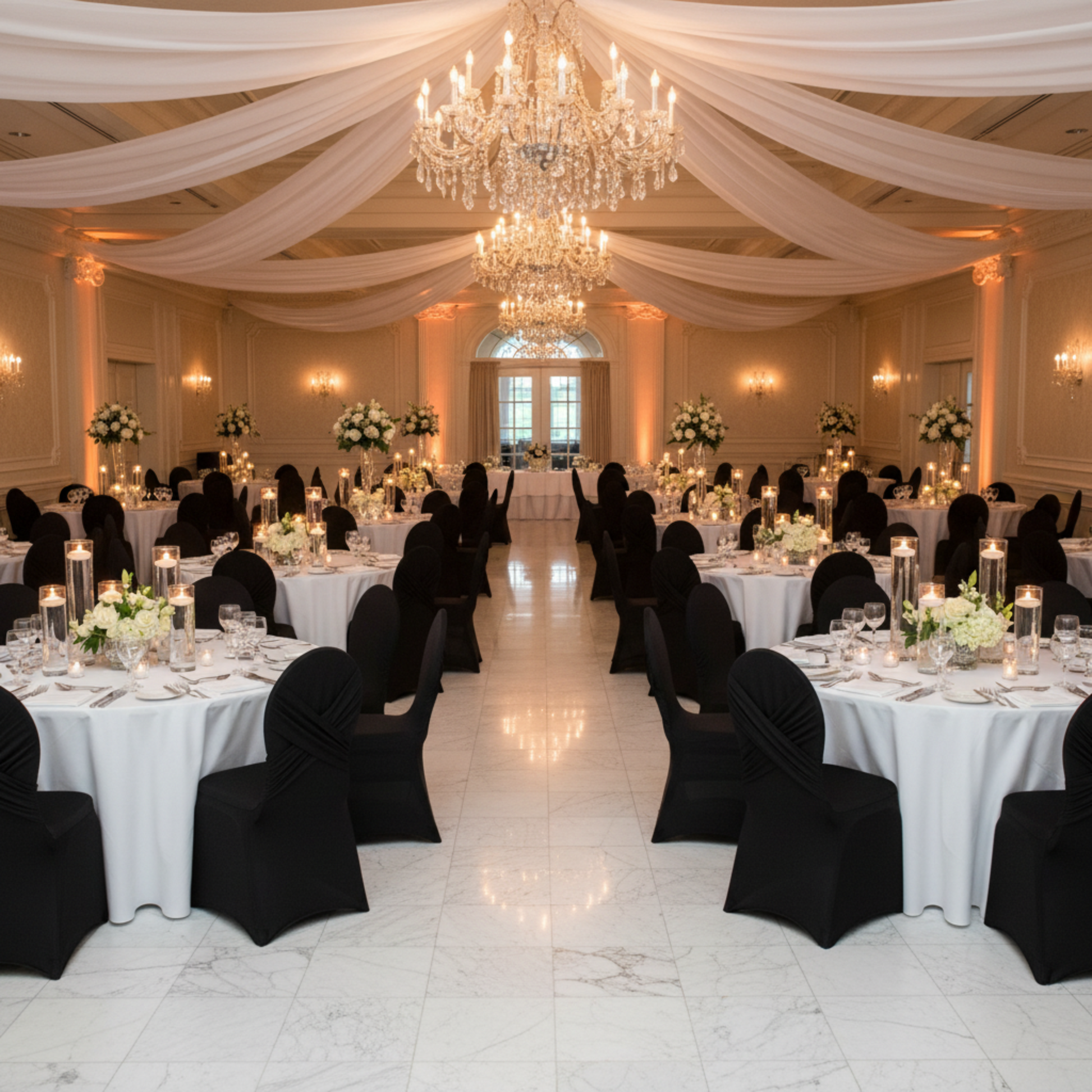 Indoor Wedding Reception with Black Cross Back Stretch Spandex Chair Cover