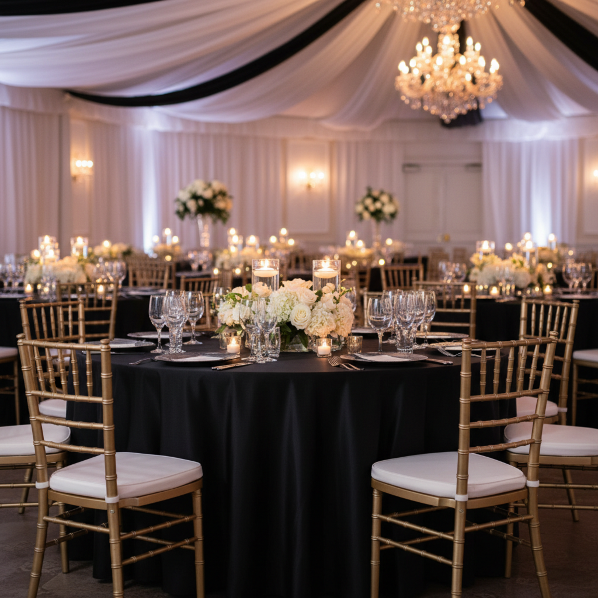 Indoor Wedding Reception with Black Lamour Satin 120 Round Tablecloth
