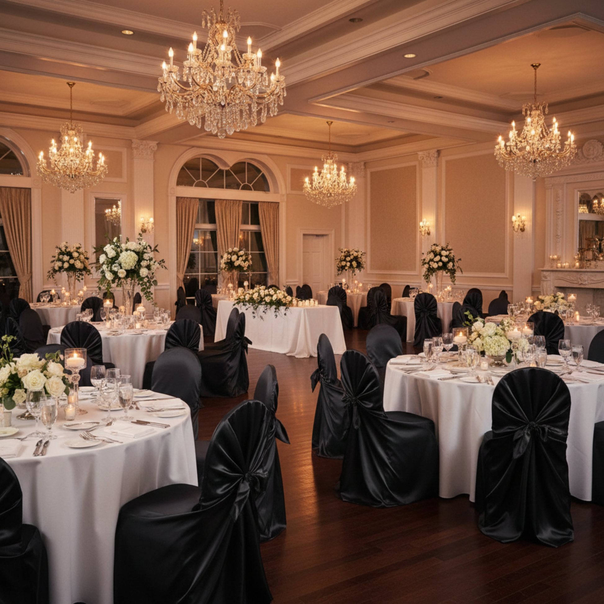 Indoor Wedding Reception wiBlack Satin Universal Self tie Chair Cover