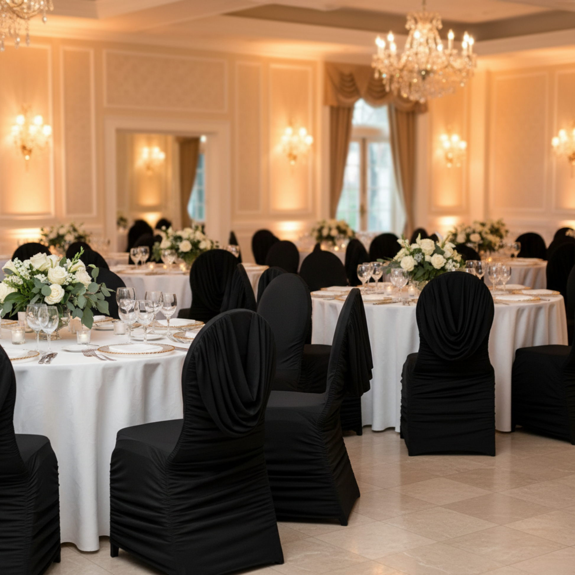 Indoor Wedding Reception with Black Swag Back Banquet Chair Cover