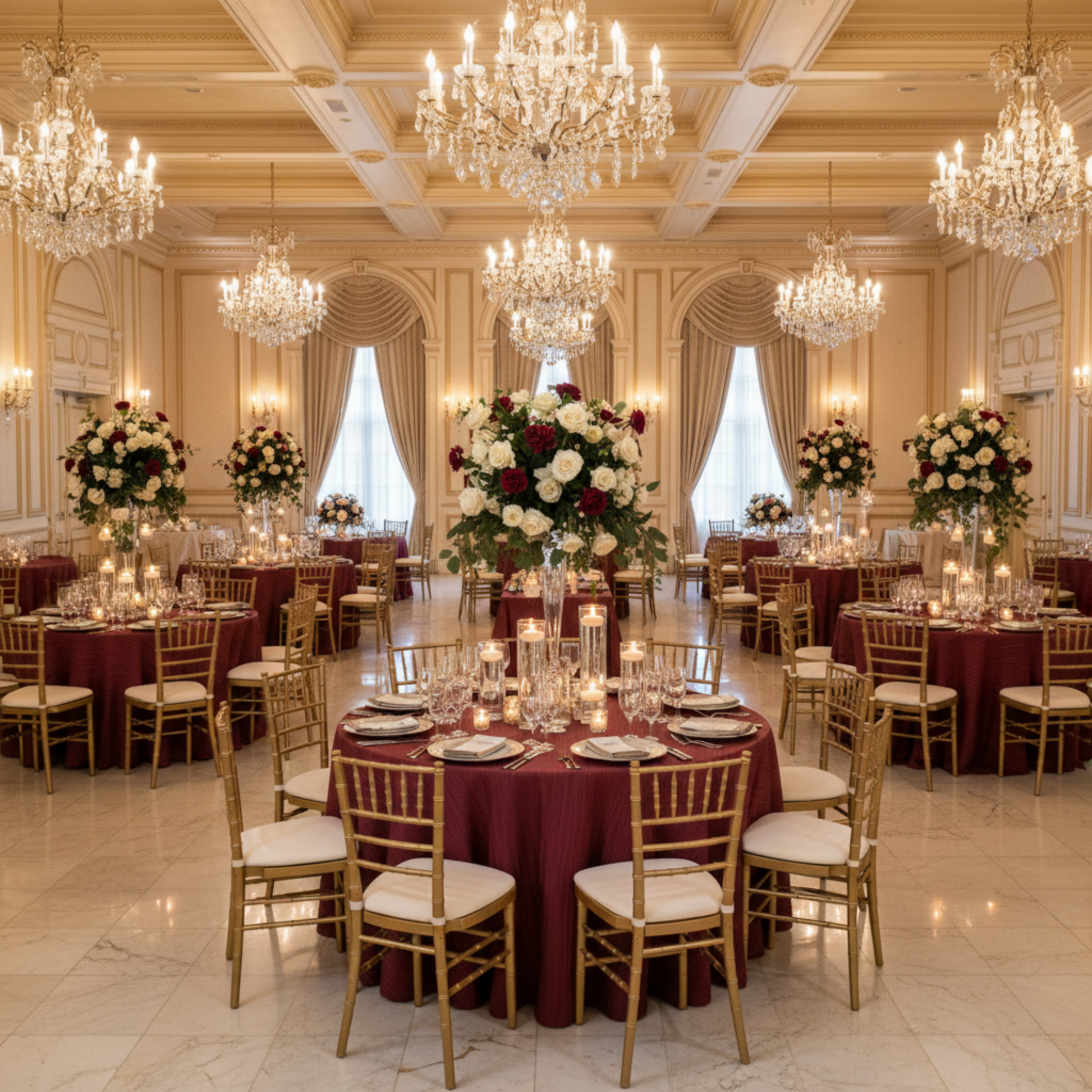 Indoor Wedding Reception – Burgundy 132 Round Accordion Crinkle Taffeta Tablecloth