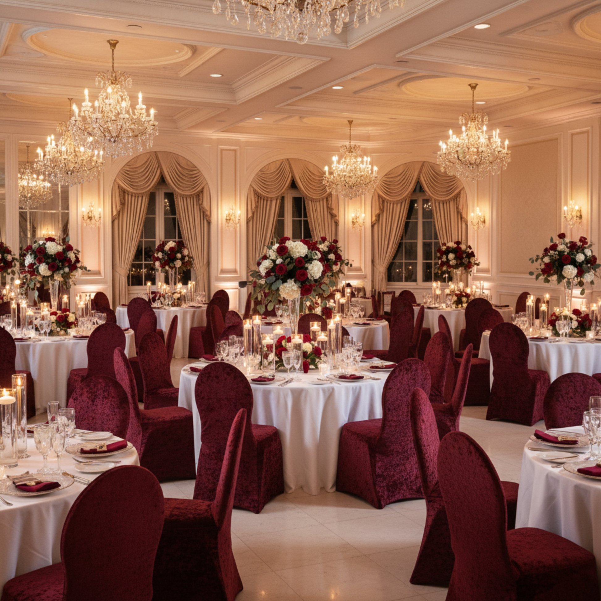 Indoor Wedding Reception – Burgundy Stretch Velvet Banquet Spandex Chair Cover