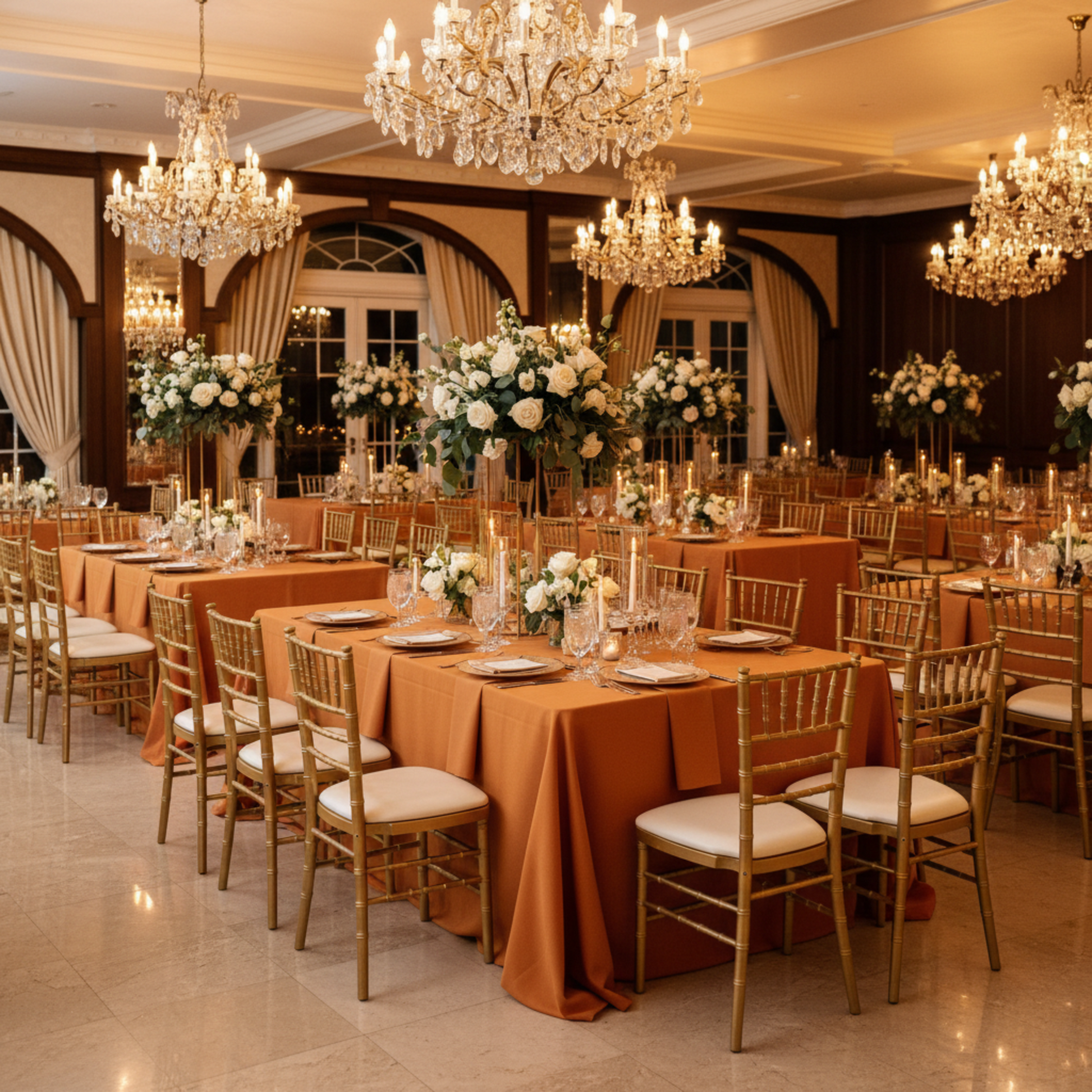Indoor Wedding Reception with Burnt Orange Premium Polyester 90x156 Tablecloth