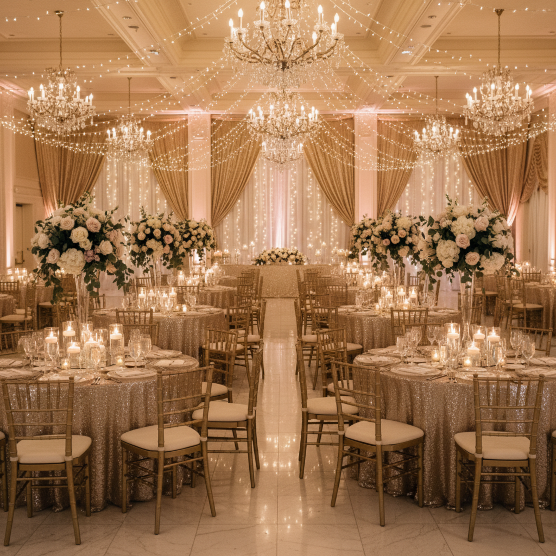 Indoor Wedding Reception - Champagne 120 Round Glitz Sequin Tablecloth