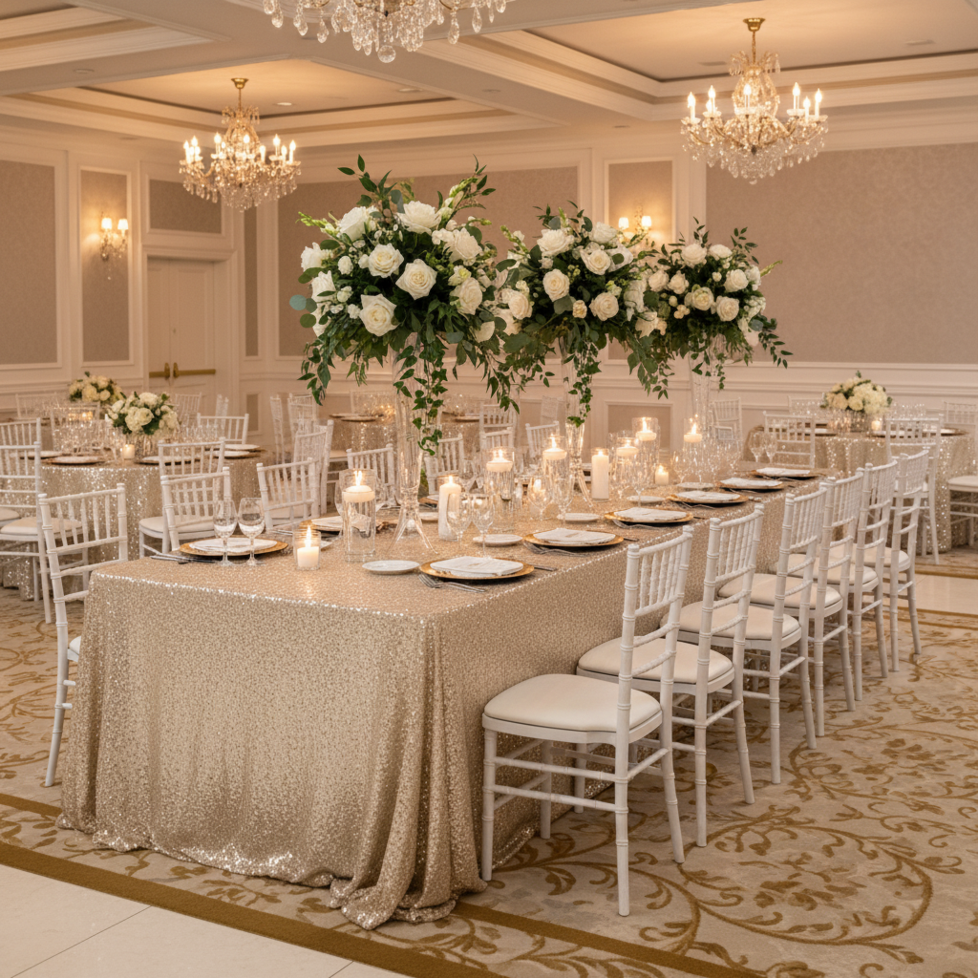 Indoor Wedding Reception – Champagne 90x156 Glitz Sequin Tablecloth