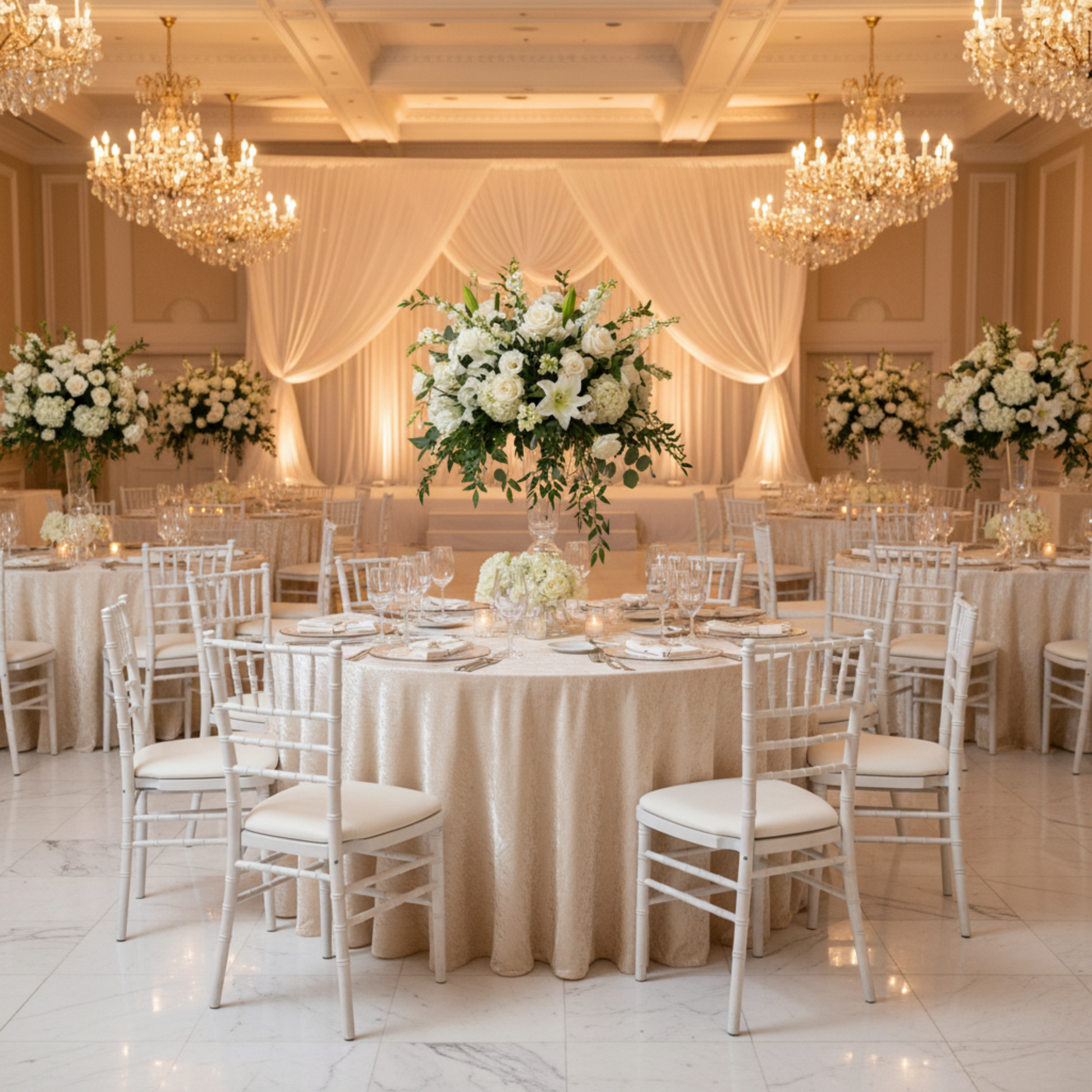 Indoor Wedding Reception – Champagne 120 Round Crinkle Shimmer Tablecloth