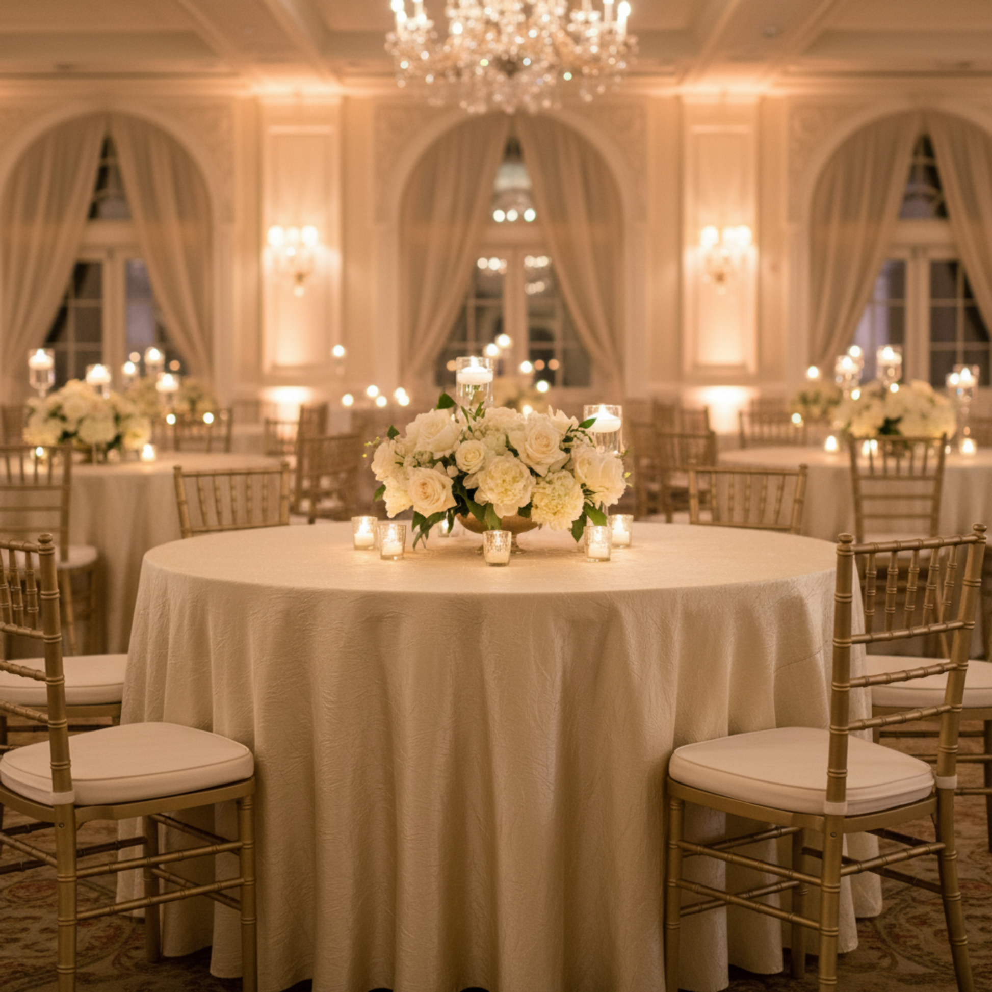 Indoor Wedding Reception – Champagne Crushed Taffeta 120 Round Tablecloth