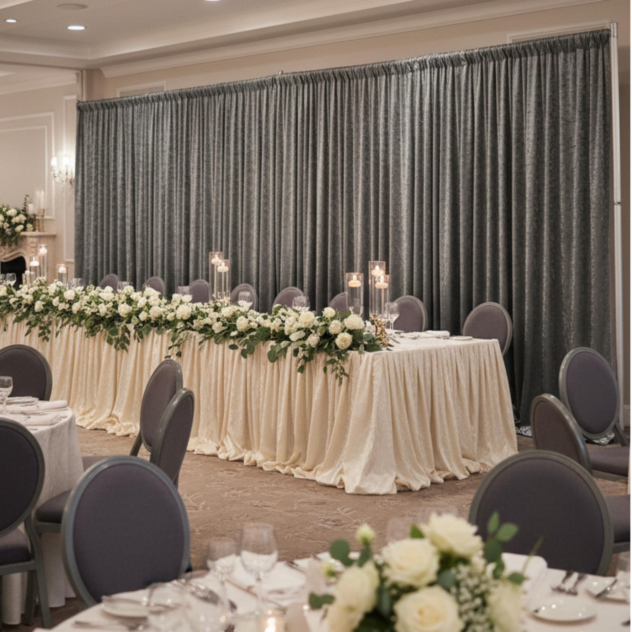 Indoor Wedding Reception – Charcoal Velvet Backdrop