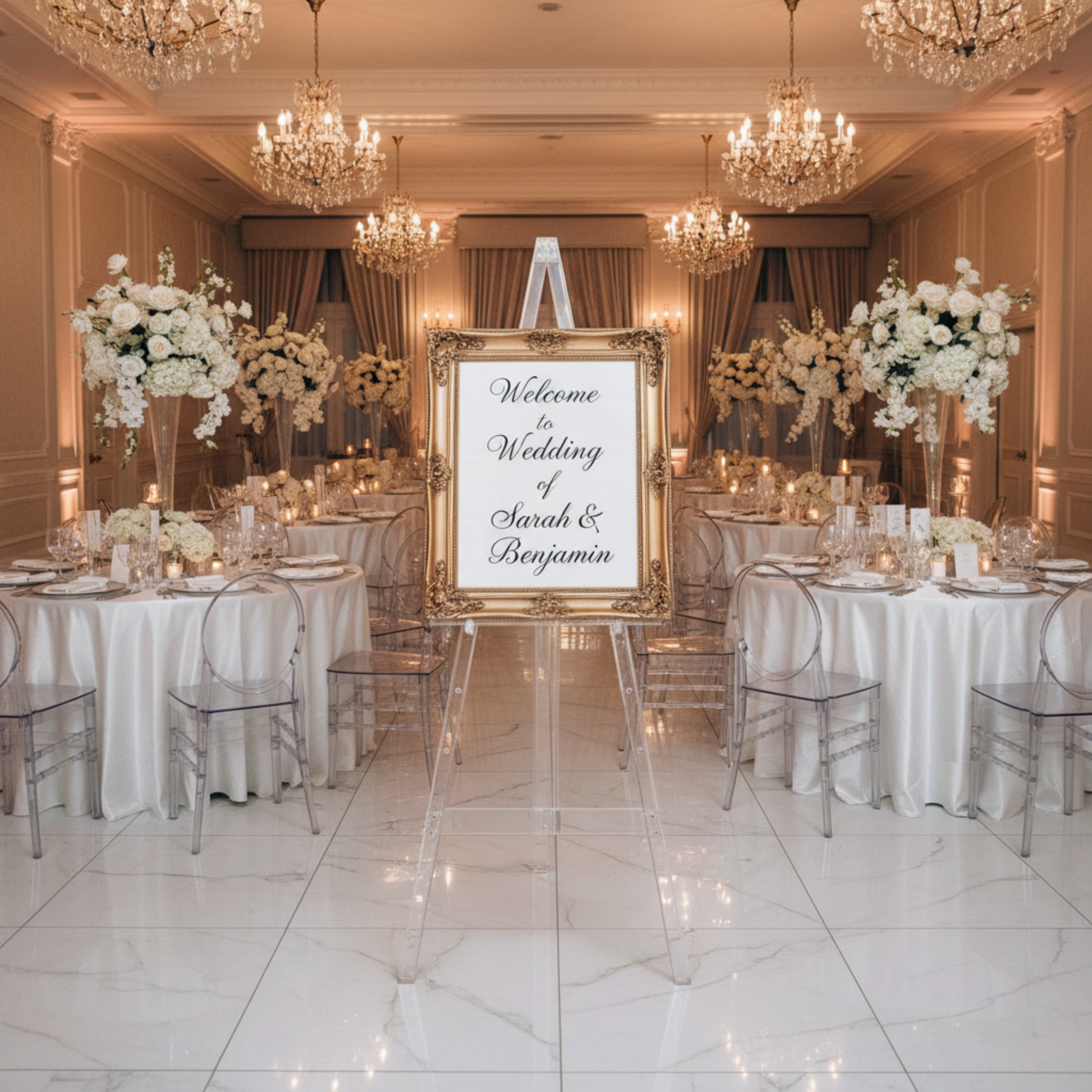 Indoor Ballroom Wedding Reception – Clear Acrylic Easel