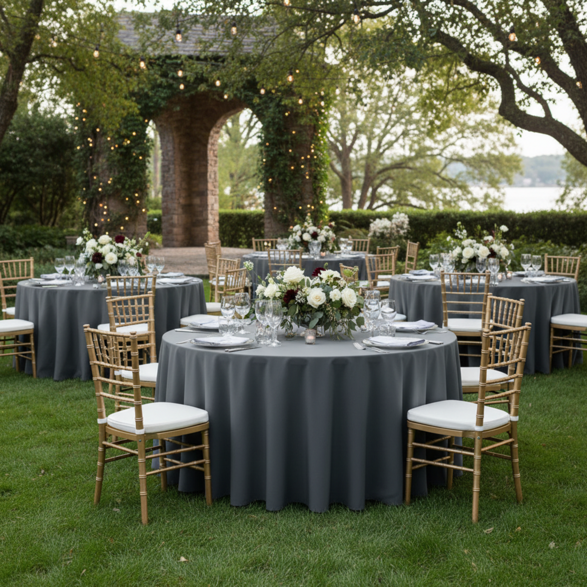 Indoor Wedding Reception – Dark Gray Pewter 132 Round Premium Polyester Tablecloth
