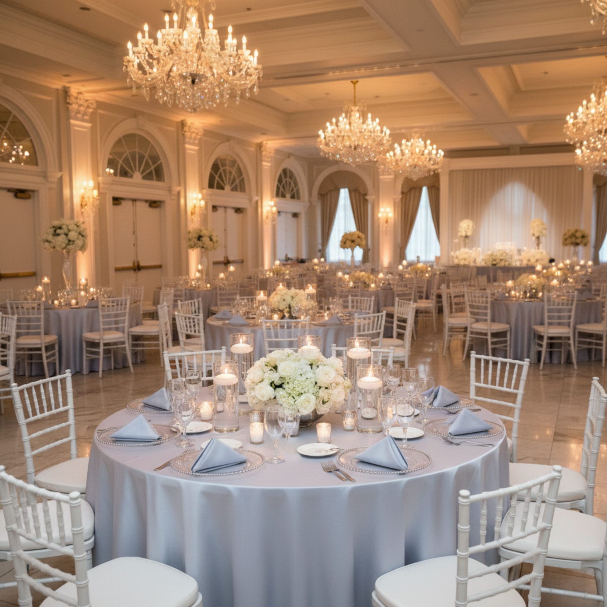 Indoor Wedding Reception – Dusty Blue 120 Round Satin Tablecloth