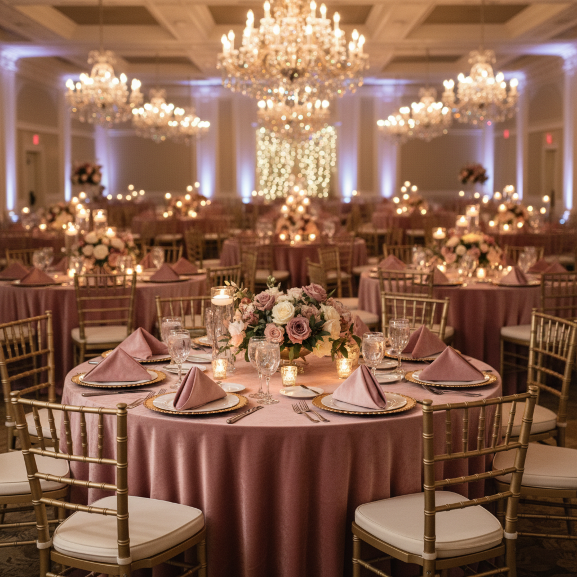 Indoor Wedding Reception with Dusty Rose Mauve Velvet Napkin