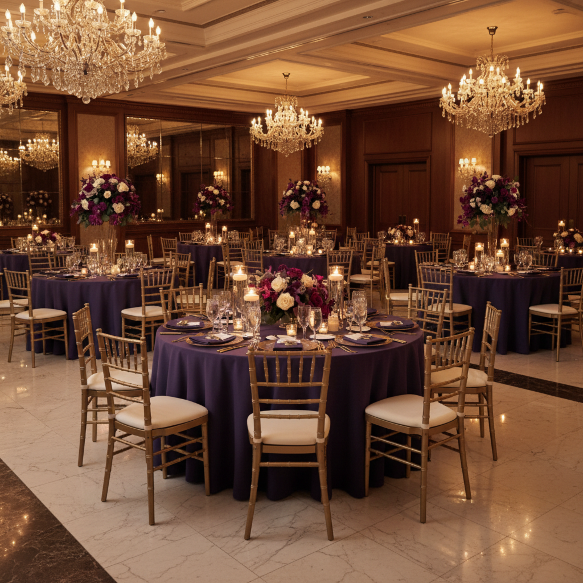 Indoor Wedding Reception – Eggplant/Plum 132 Round Premium Polyester Tablecloth