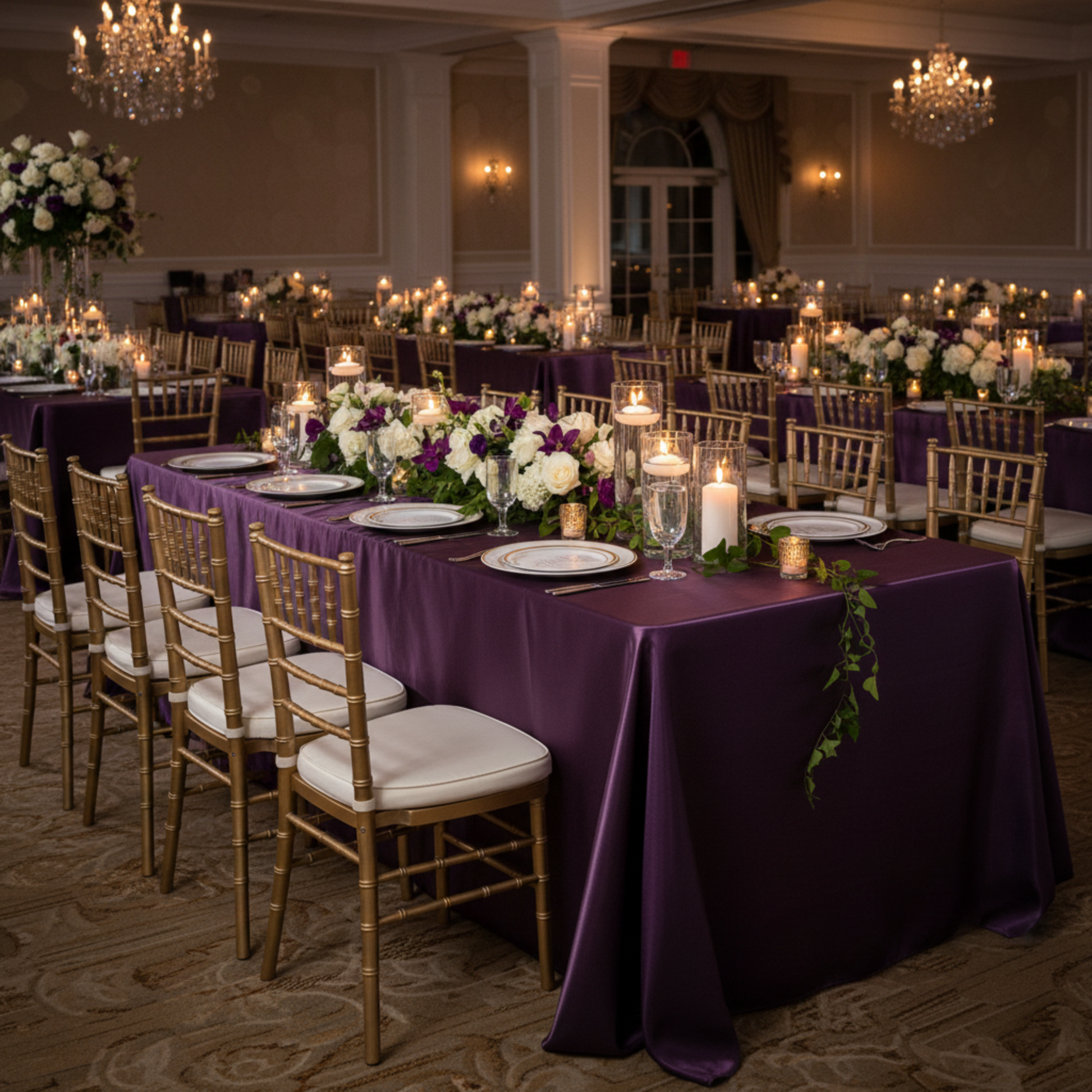 Indoor Wedding Reception Eggplant/Plum Satin 90" x 132" Rectangular Tablecloth 