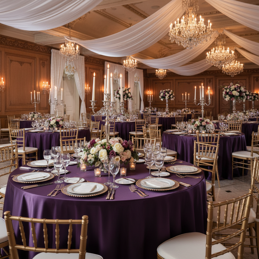 Indoor Wedding Reception – Eggplant Satin Tablecloth