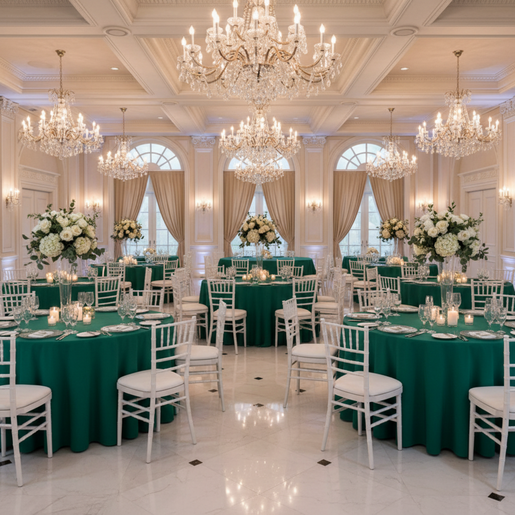 Indoor Wedding Reception – Emerald Green 132 Round Premoium Polyester Tablecloth