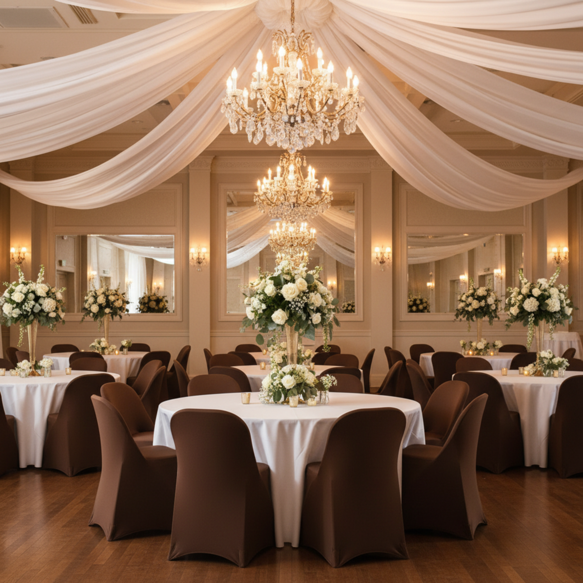 Indoor Wedding Reception with Chocolate Brown Folding Spandex Chair Cover