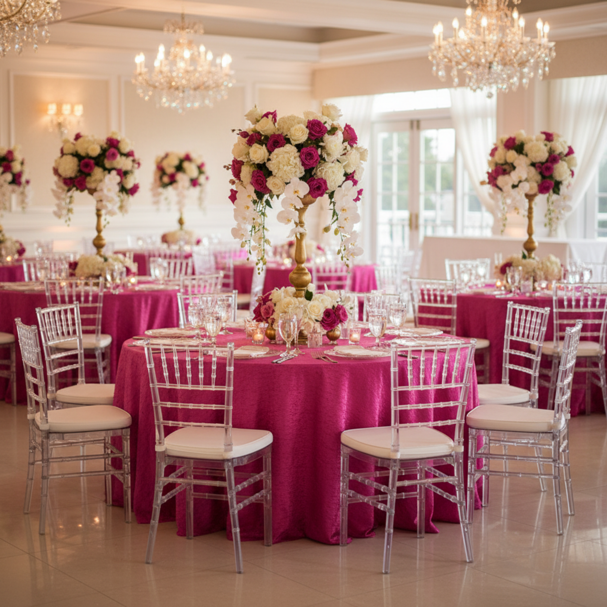 Indoor Wedding Reception – Fuchsia Crinkle Shimmer Tablecloth