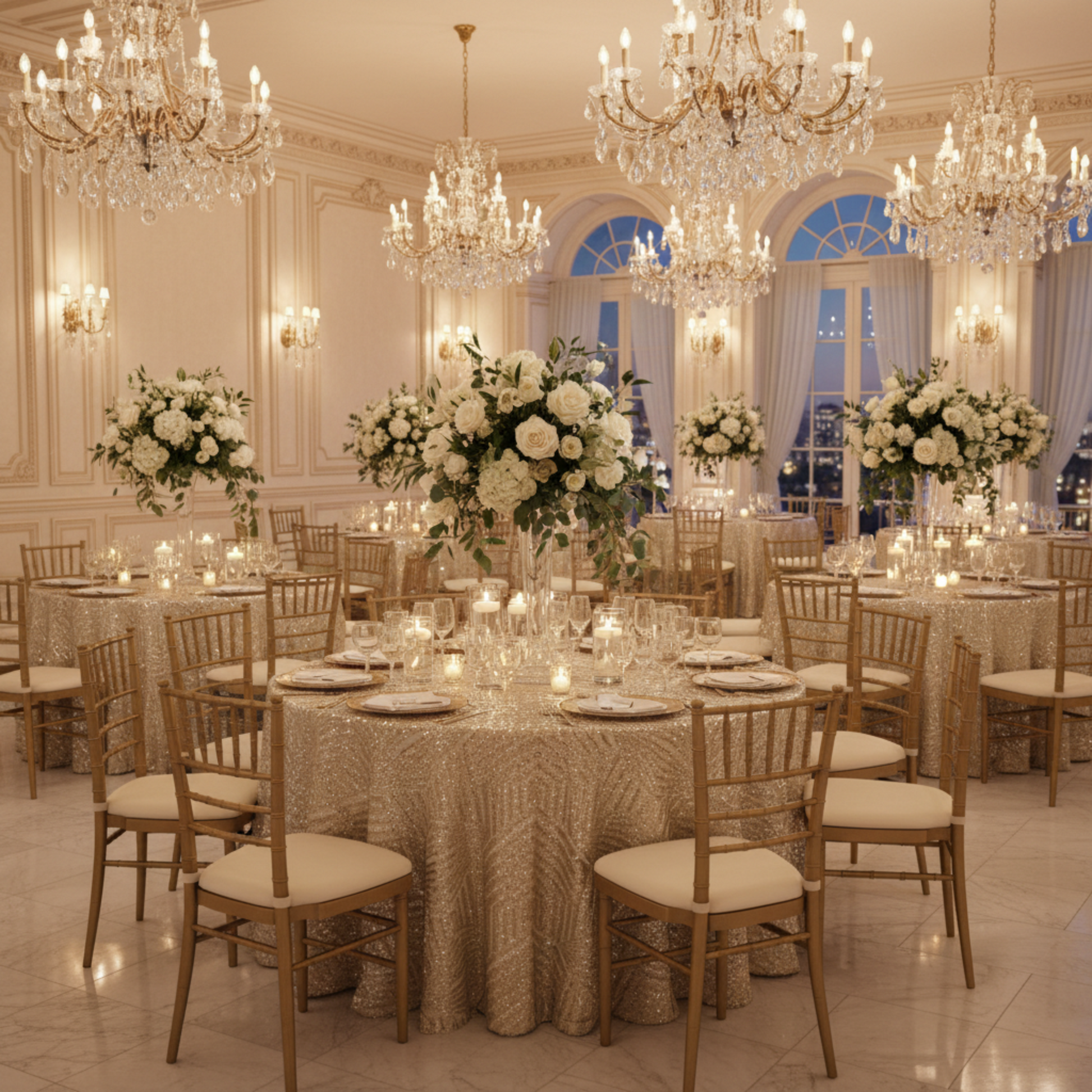 Indoor Wedding Reception Champagne Geometric Glitz Art Deco Sequin 132" Round Tablecloth